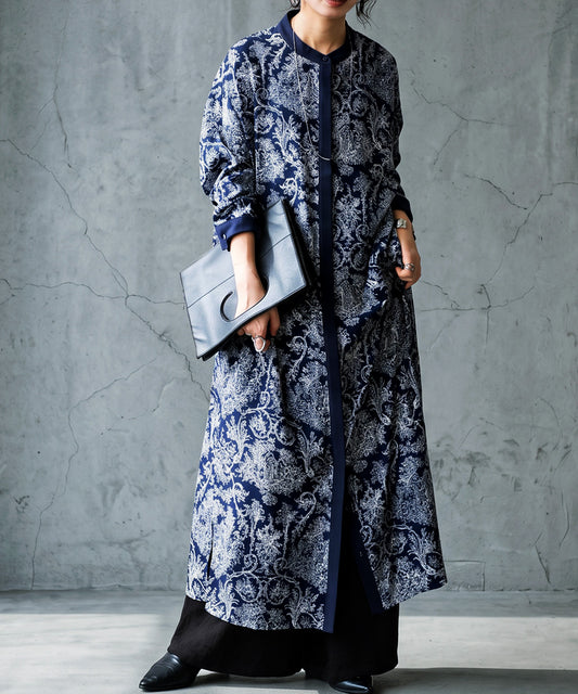 Toile de Jouy style Ladies casual shirt dress Long-sleeves