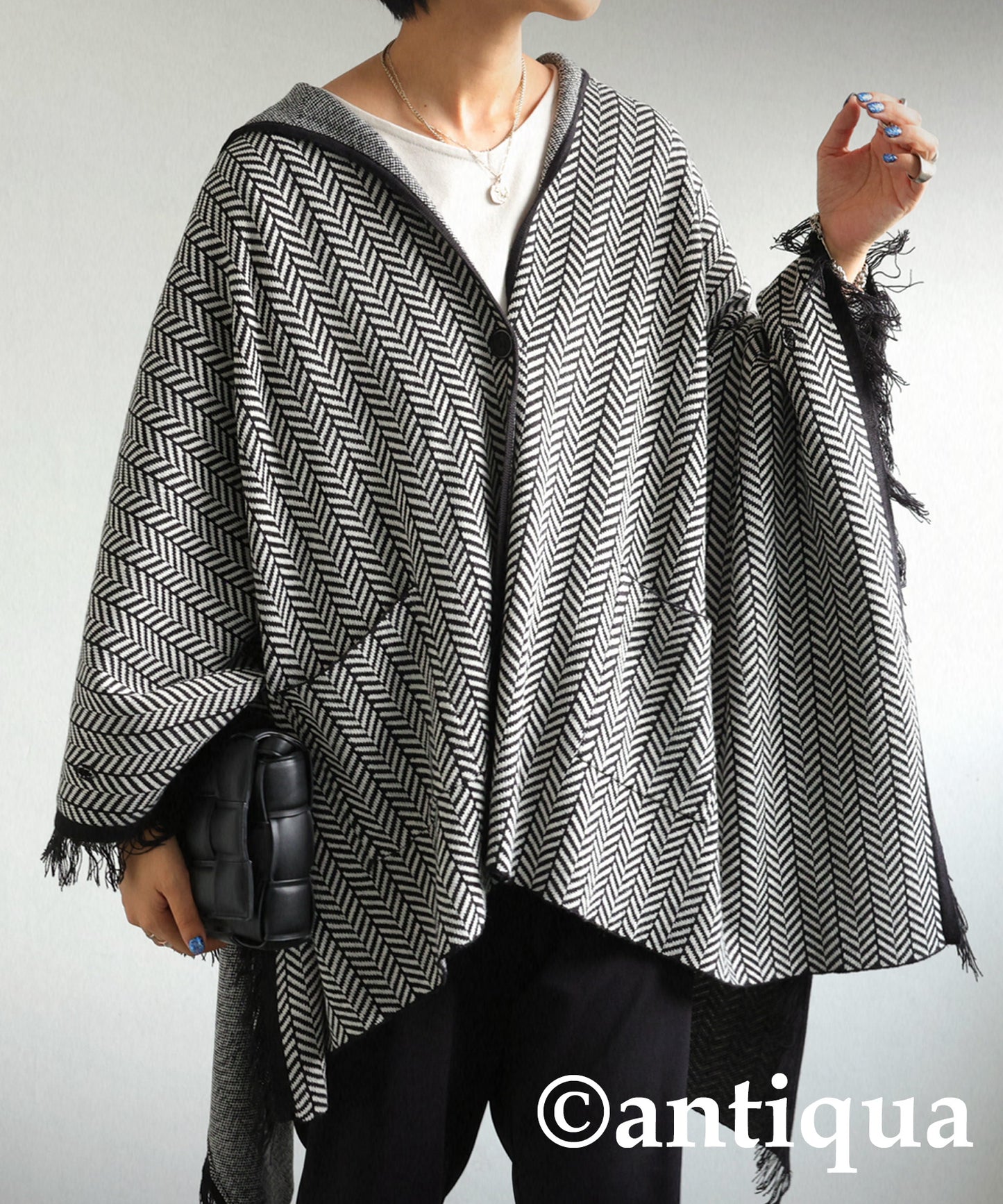 Ladies herringbone poncho with hood