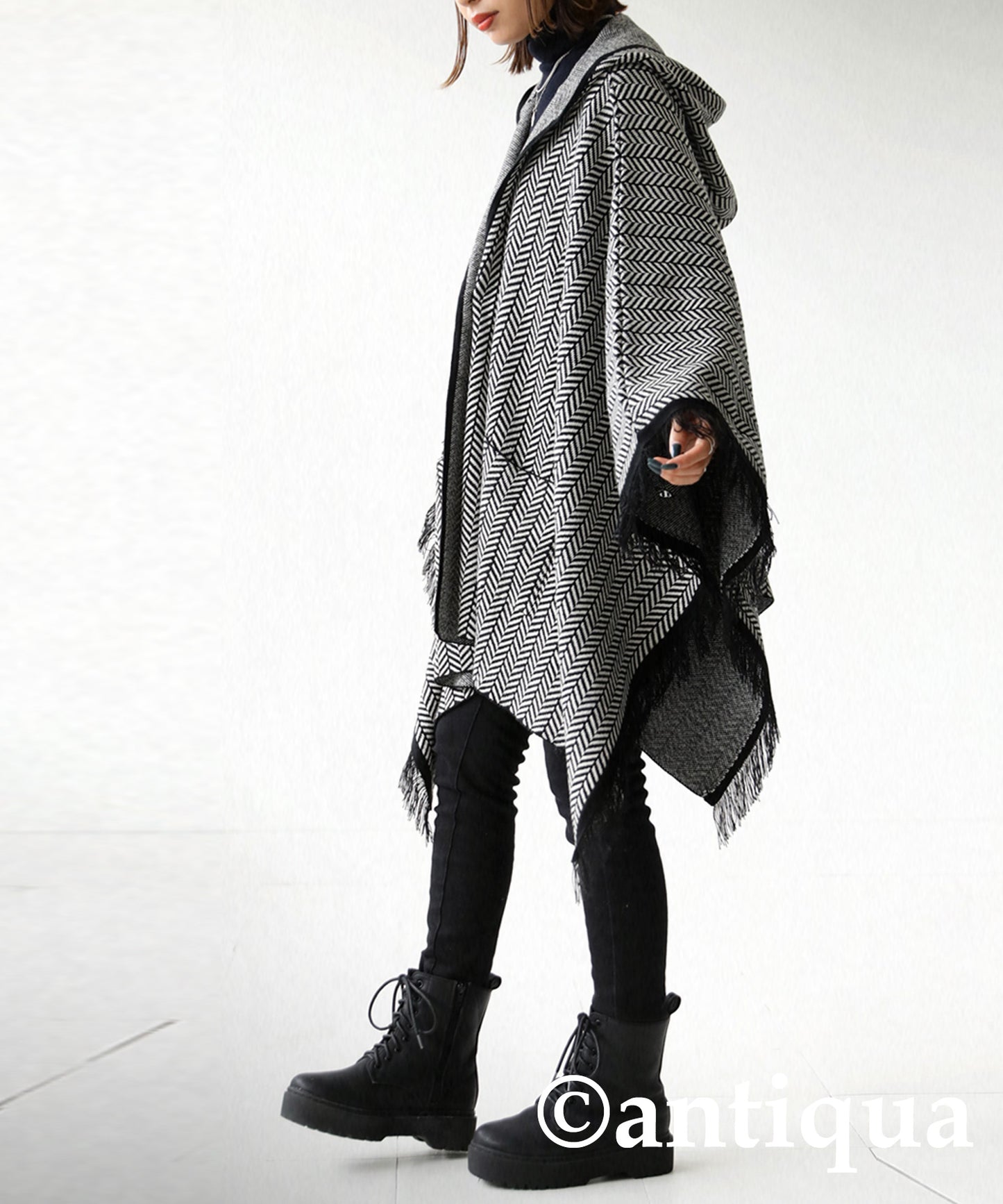 Ladies herringbone poncho with hood