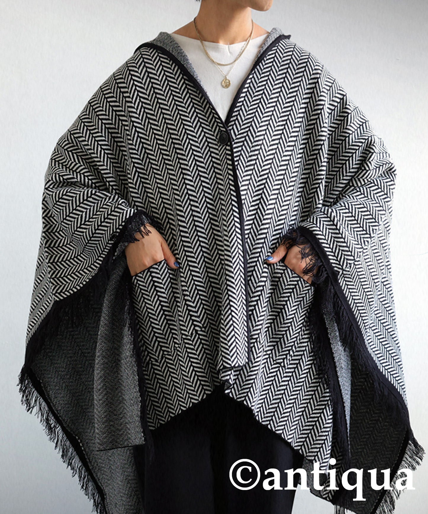 Ladies herringbone poncho with hood