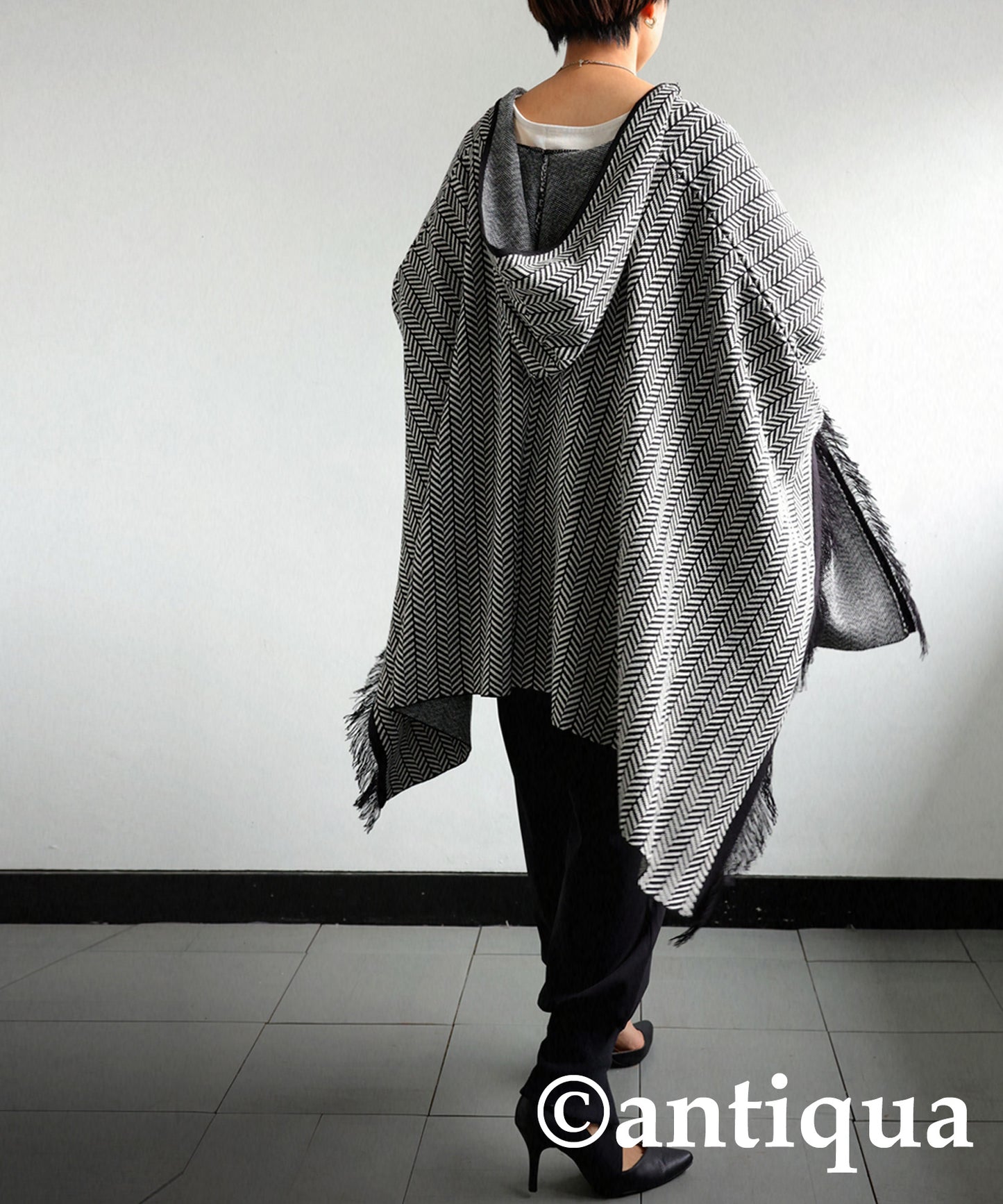 Ladies herringbone poncho with hood