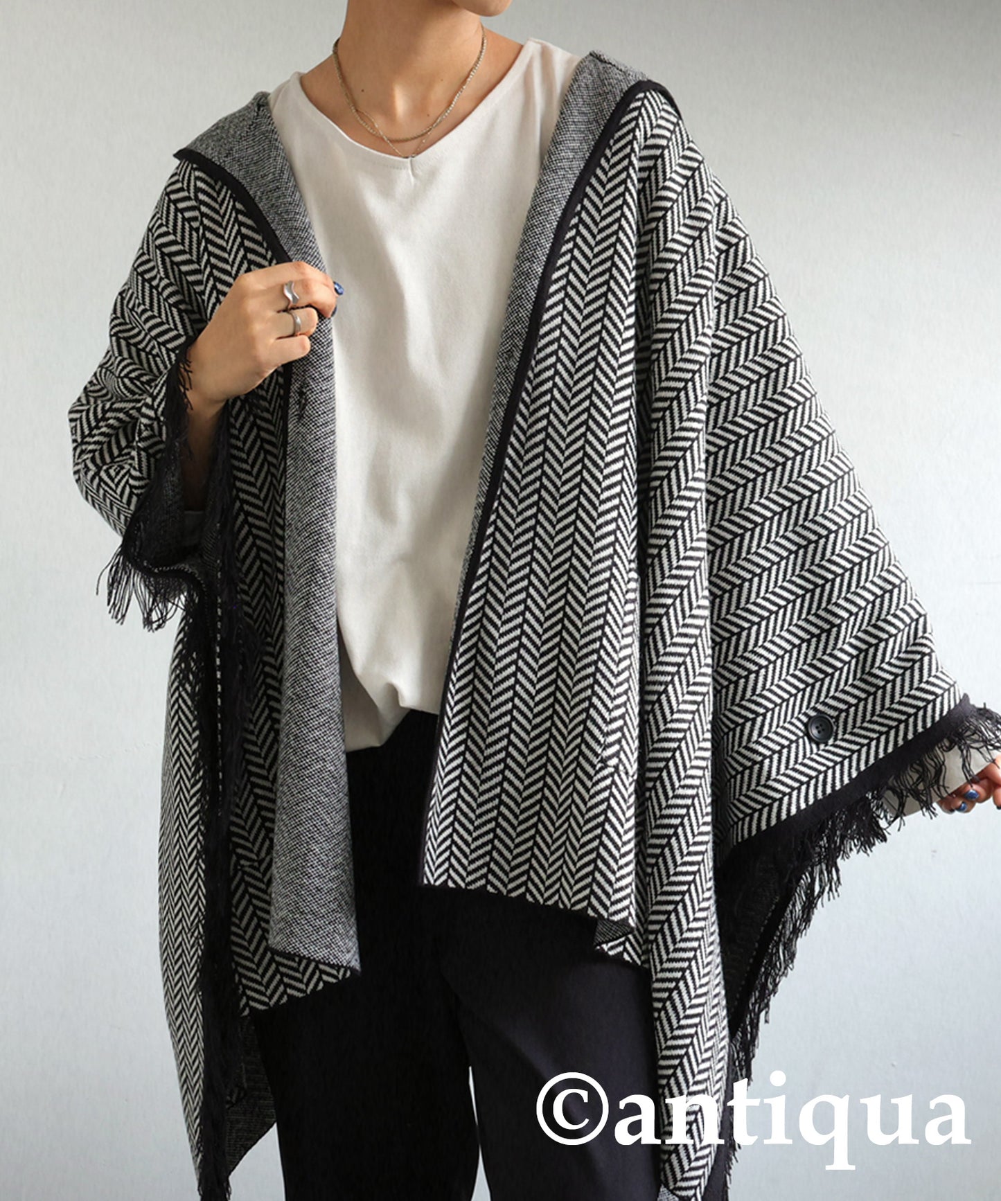 Ladies herringbone poncho with hood