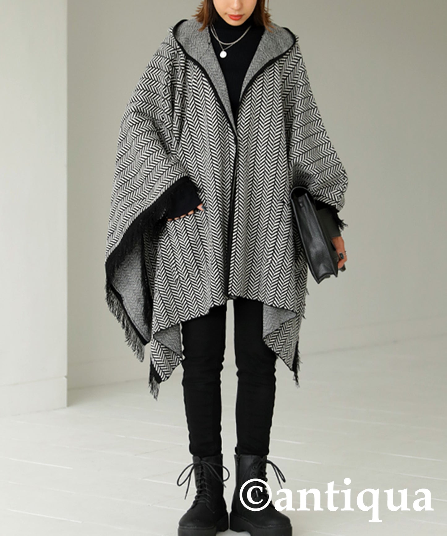 Ladies herringbone poncho with hood