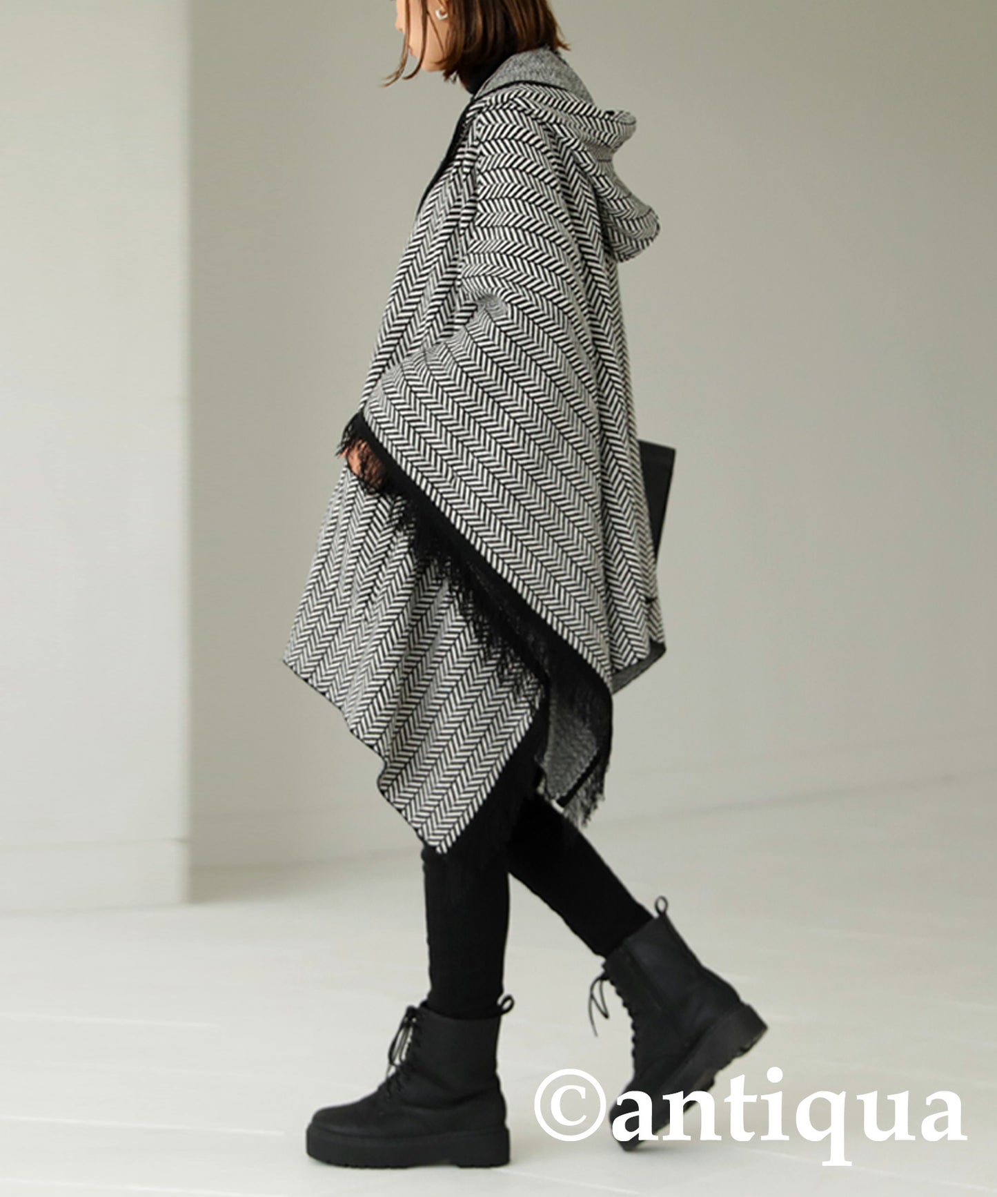 Ladies herringbone poncho with hood