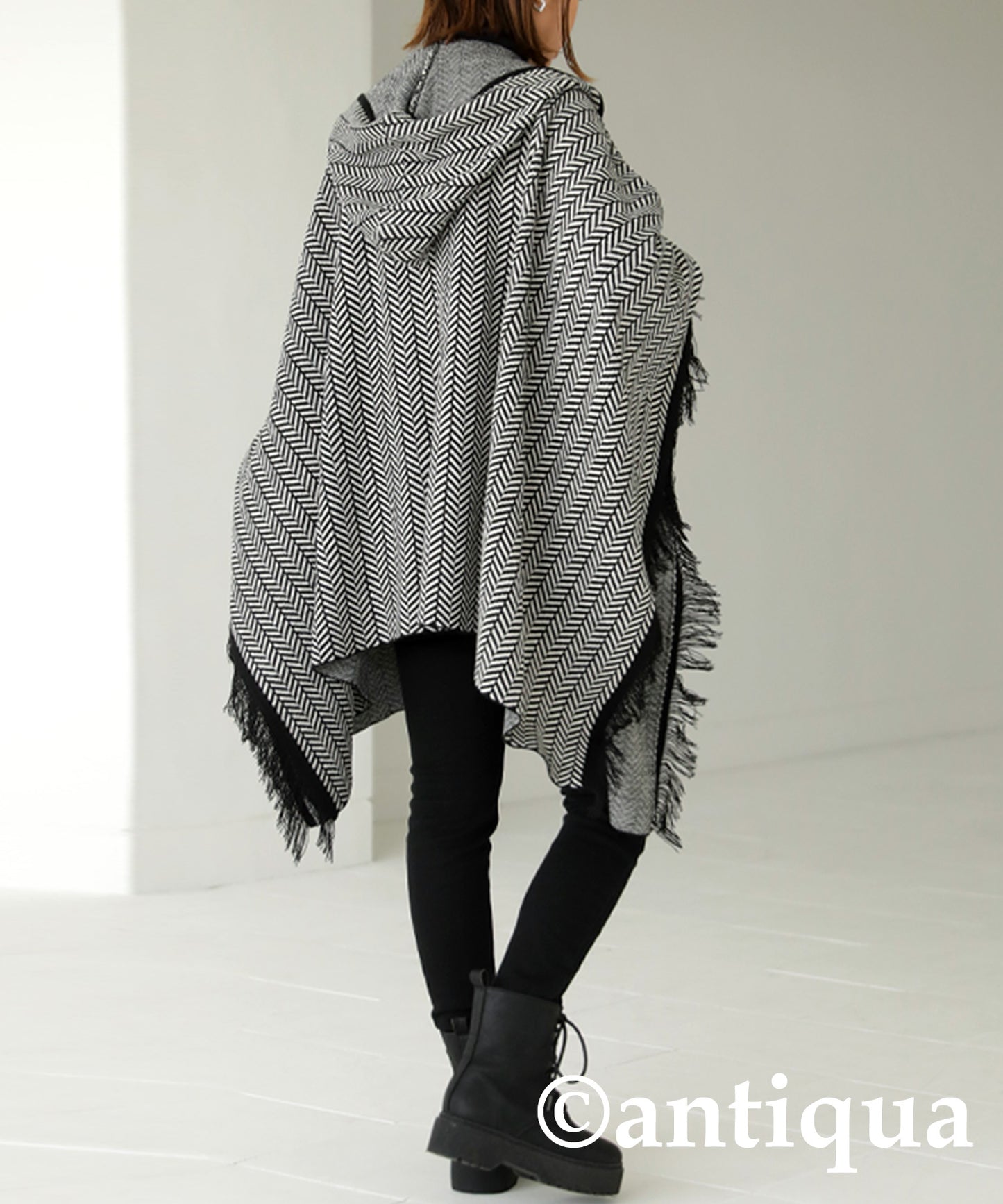 Ladies herringbone poncho with hood