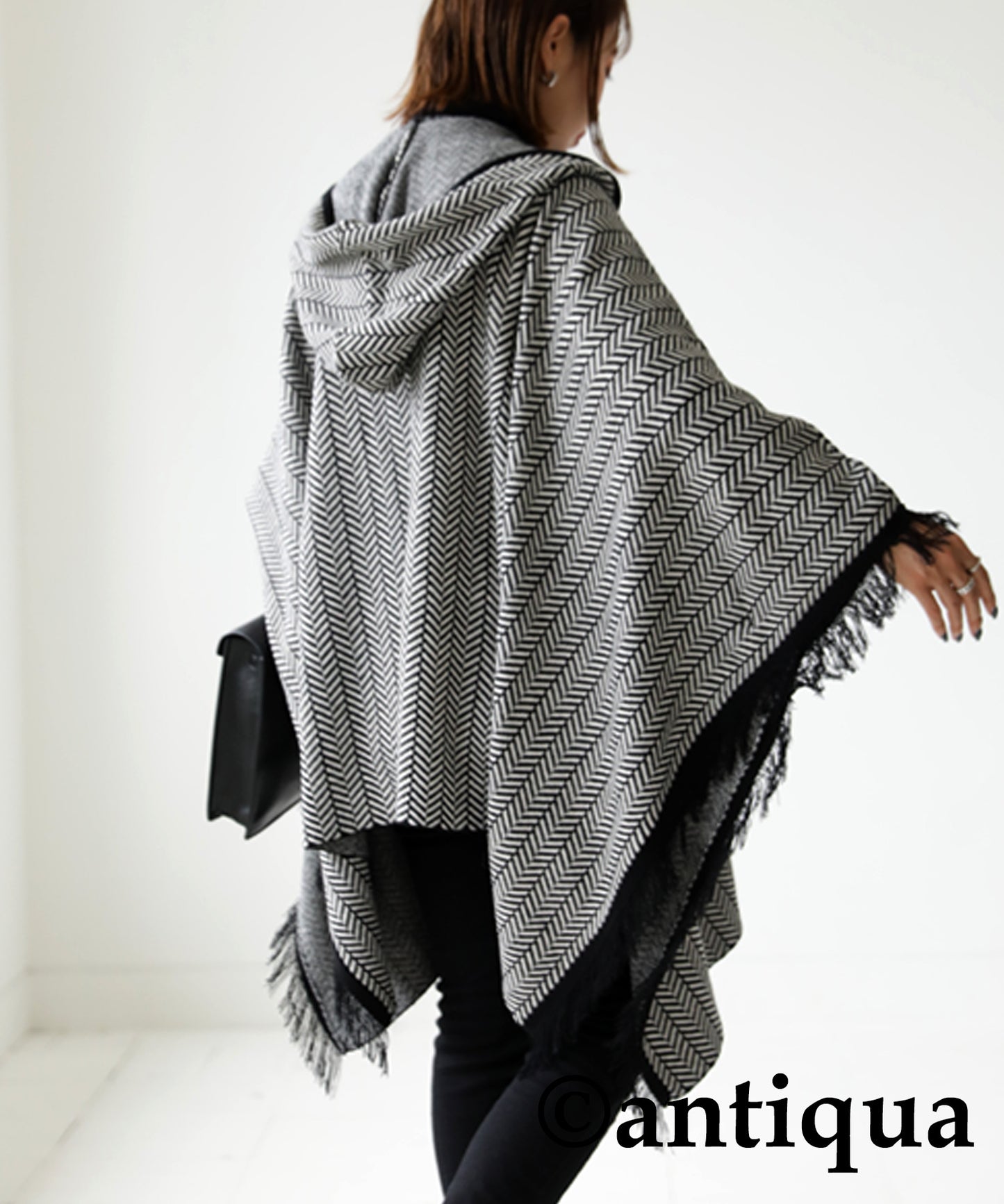 Ladies herringbone poncho with hood