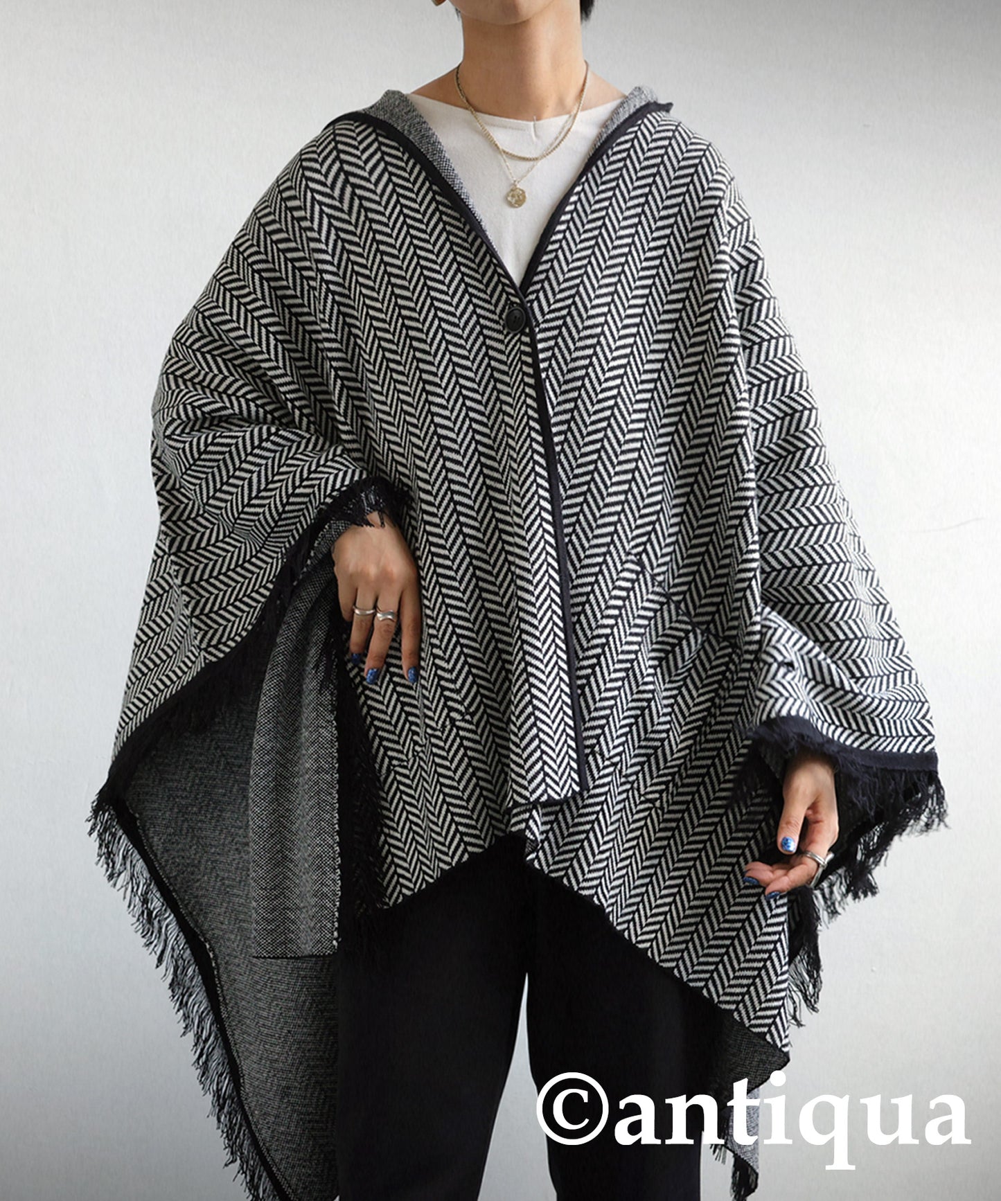 Ladies herringbone poncho with hood