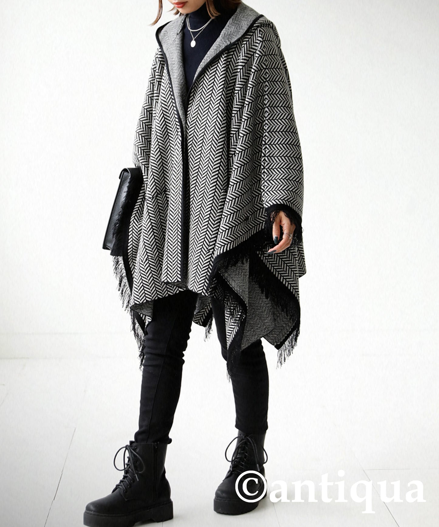 Ladies herringbone poncho with hood