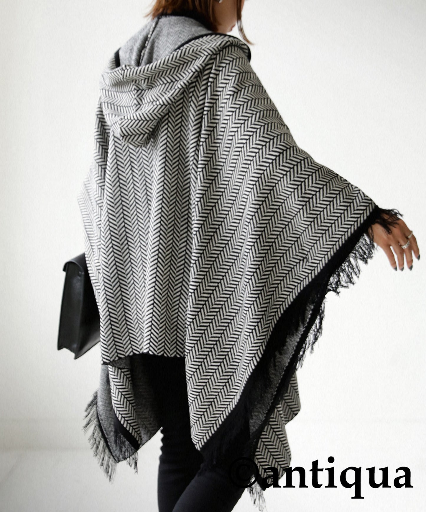 Ladies herringbone poncho with hood