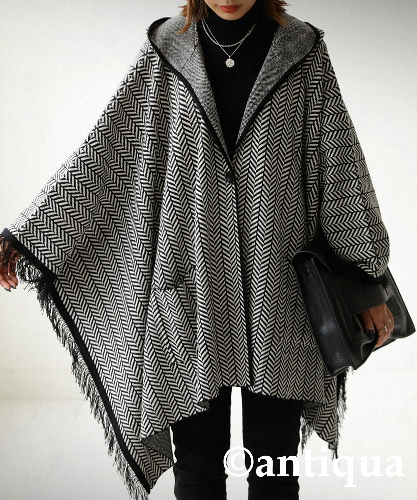 Ladies herringbone poncho with hood