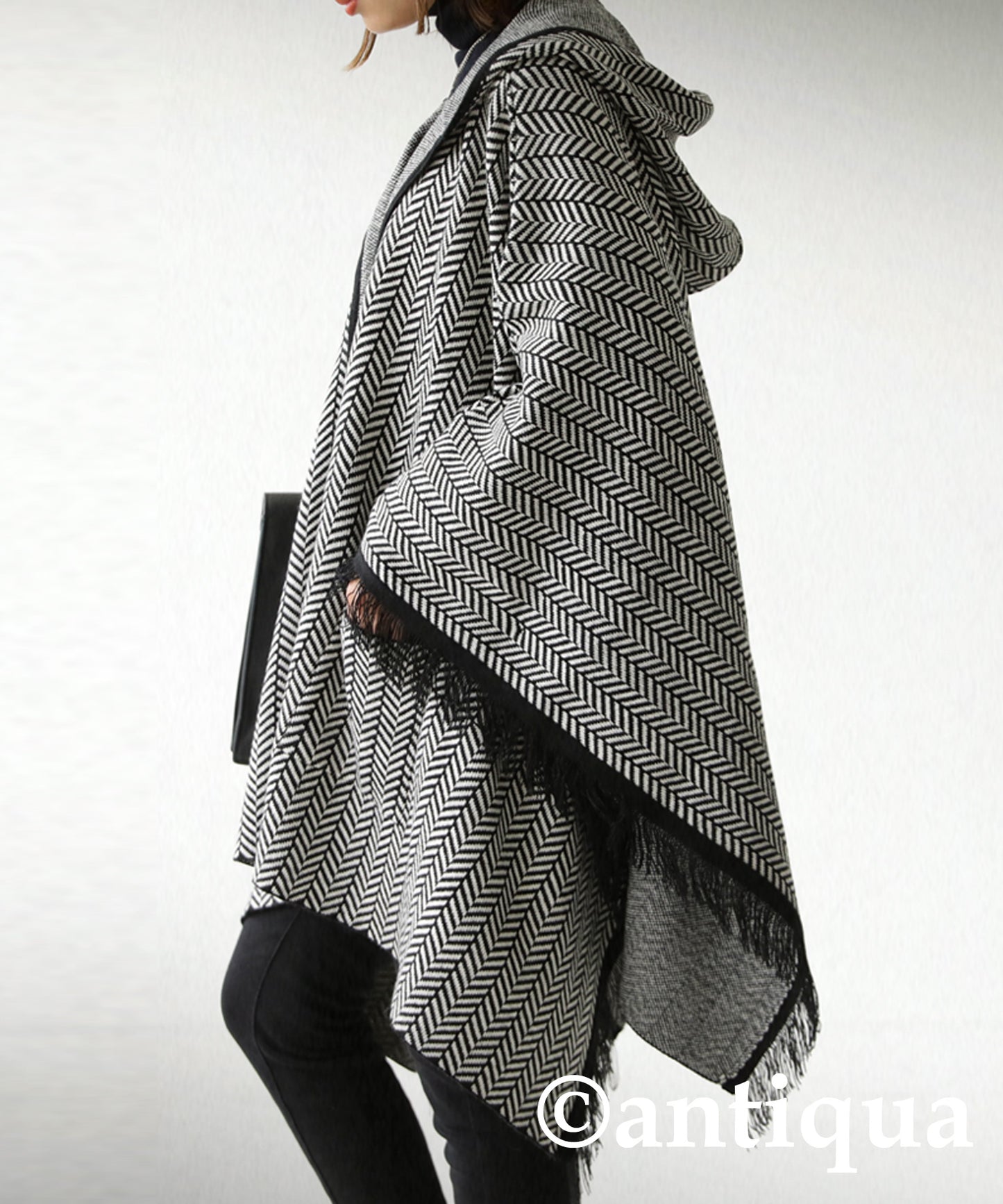 Ladies herringbone poncho with hood