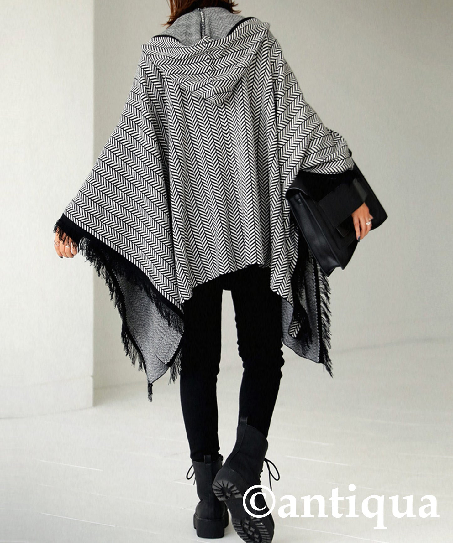 Ladies herringbone poncho with hood