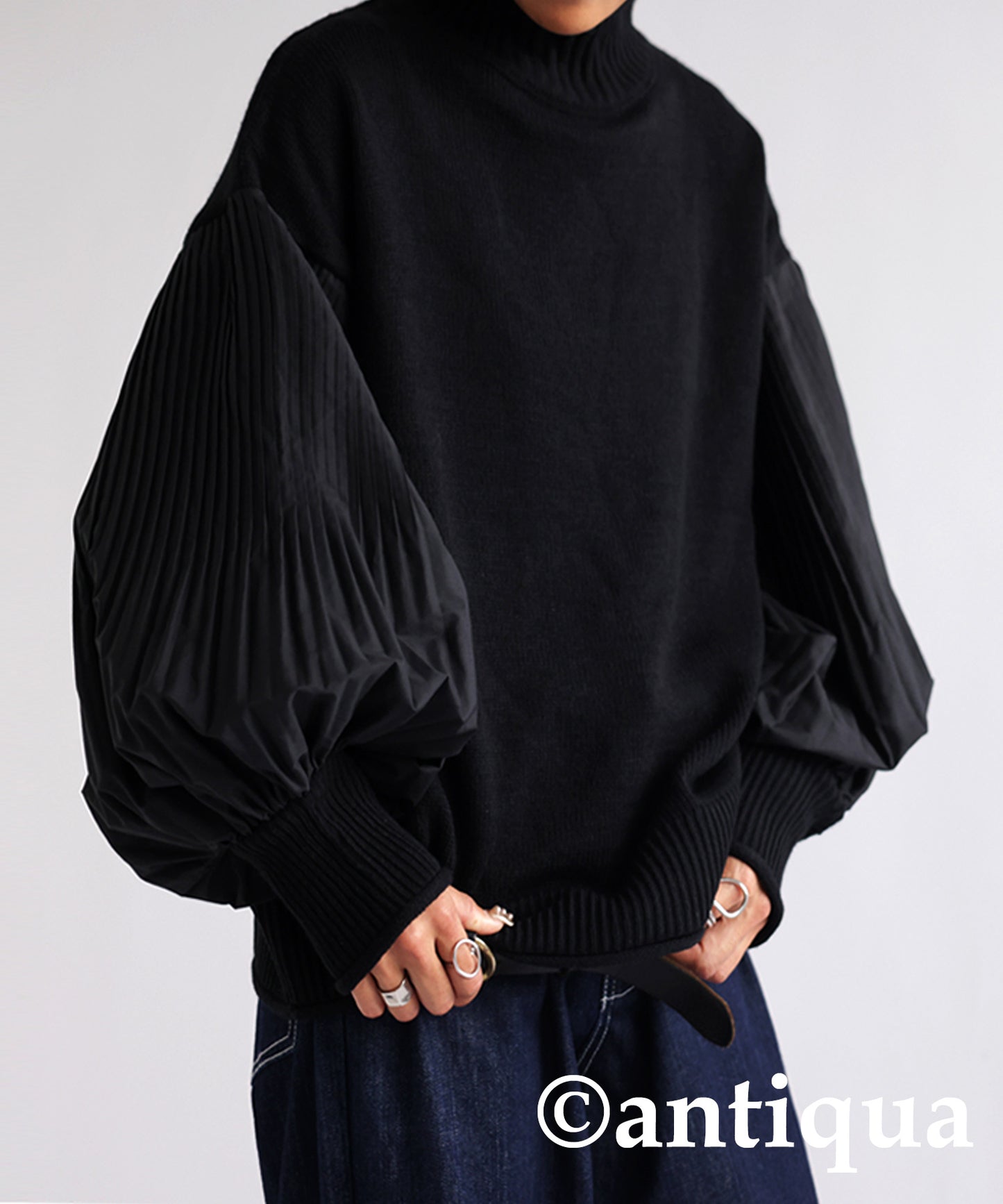 Sleeve Pleated High Neck Knit Ladies