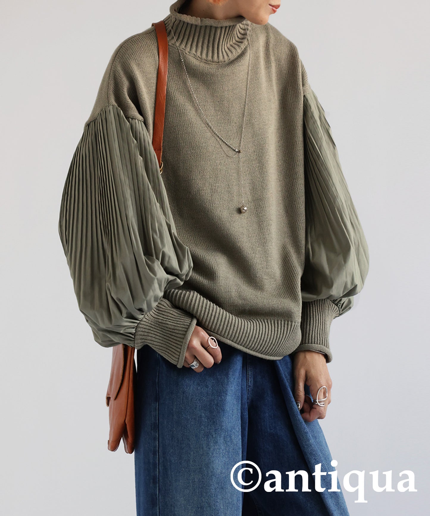 Sleeve Pleated High Neck Knit Ladies