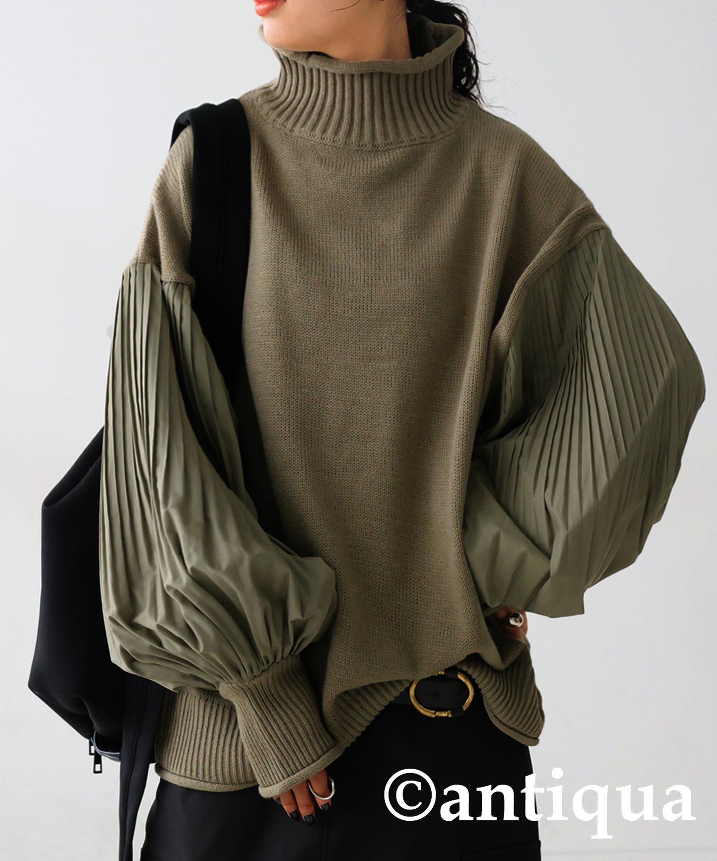 Sleeve Pleated High Neck Knit Ladies