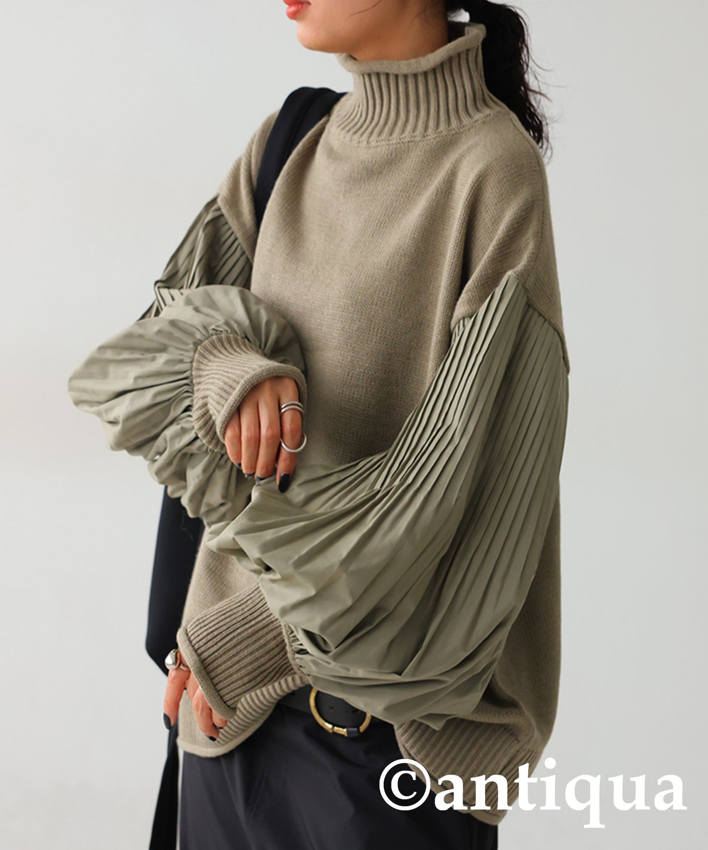 Sleeve Pleated High Neck Knit Ladies