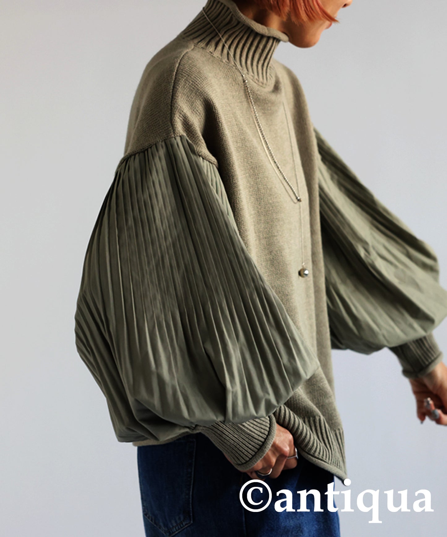 Sleeve Pleated High Neck Knit Ladies