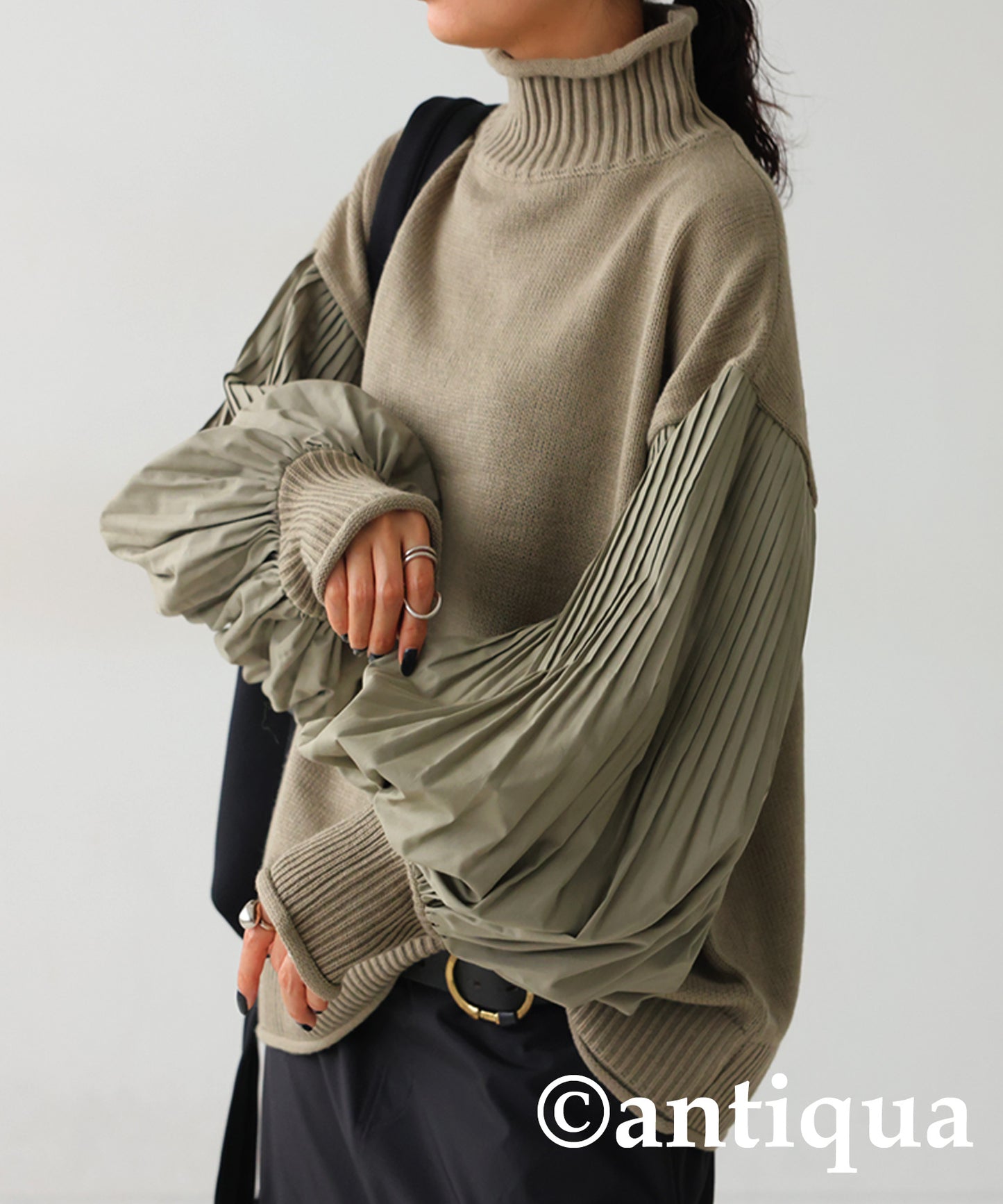 Sleeve Pleated High Neck Knit Ladies