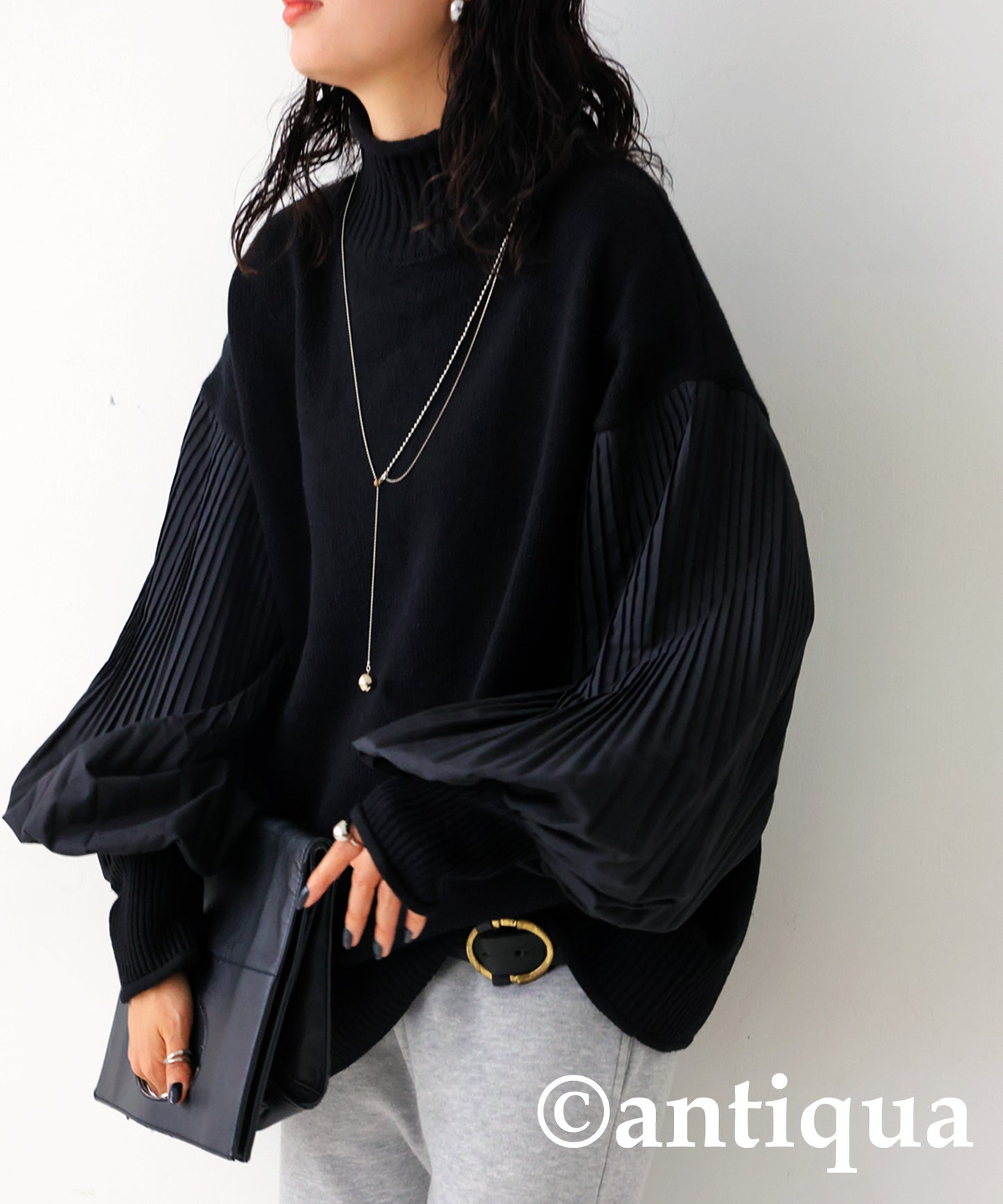 Sleeve Pleated High Neck Knit Ladies