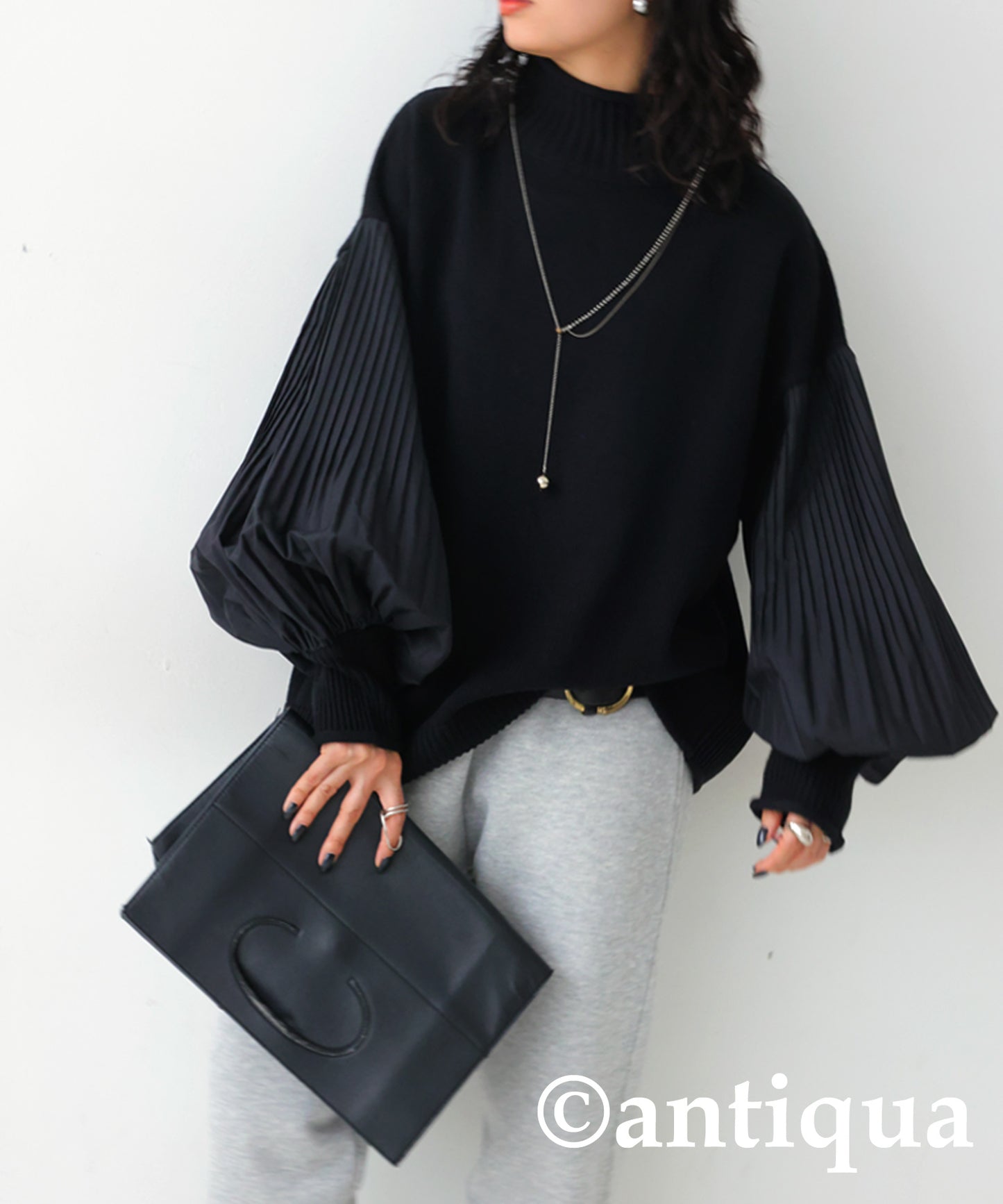 Sleeve Pleated High Neck Knit Ladies