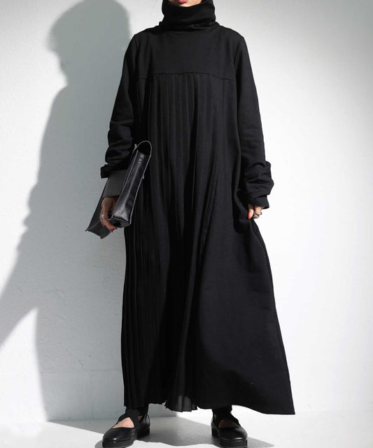 Pleated switchingcasual long dress long sleeve