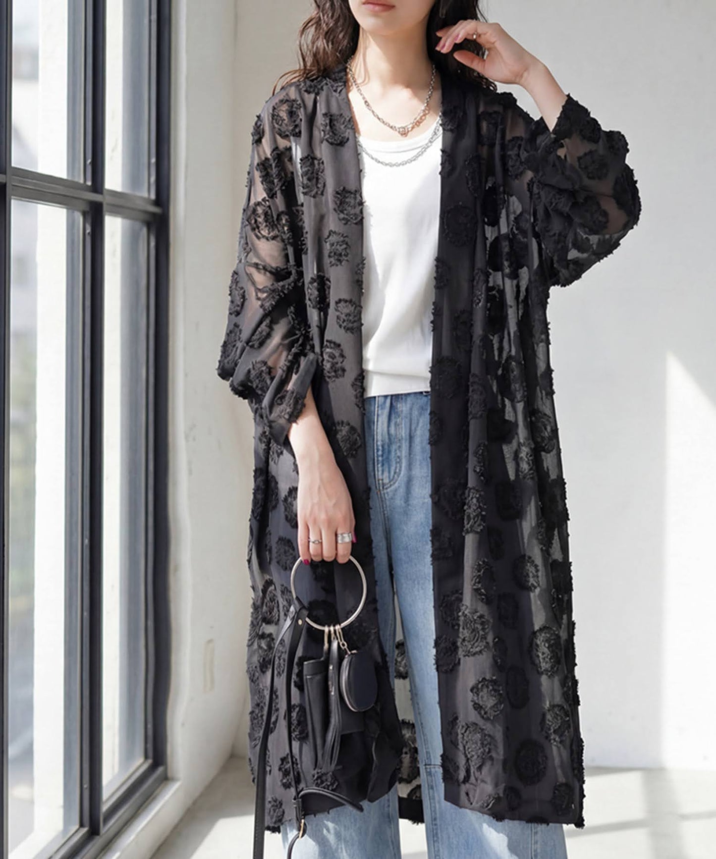 Sheer Polka Dot Long Cardigan Ladies