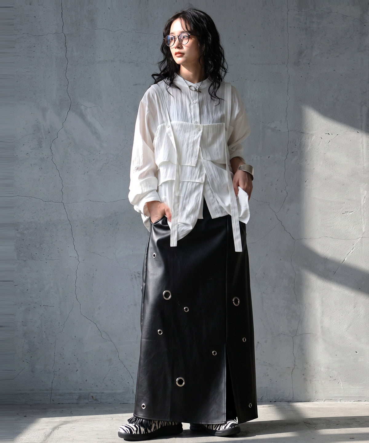 Eyelet Design Faux Leather Skirt Ladies