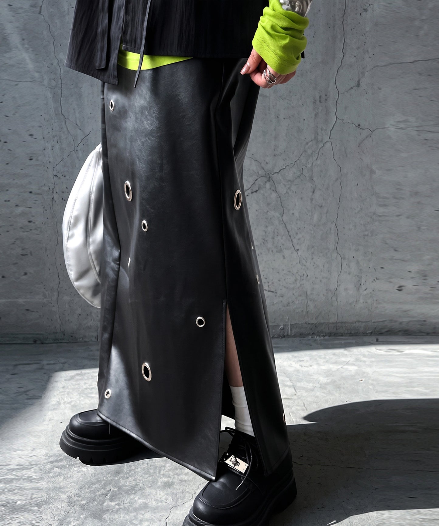 Eyelet Design Faux Leather Skirt Ladies