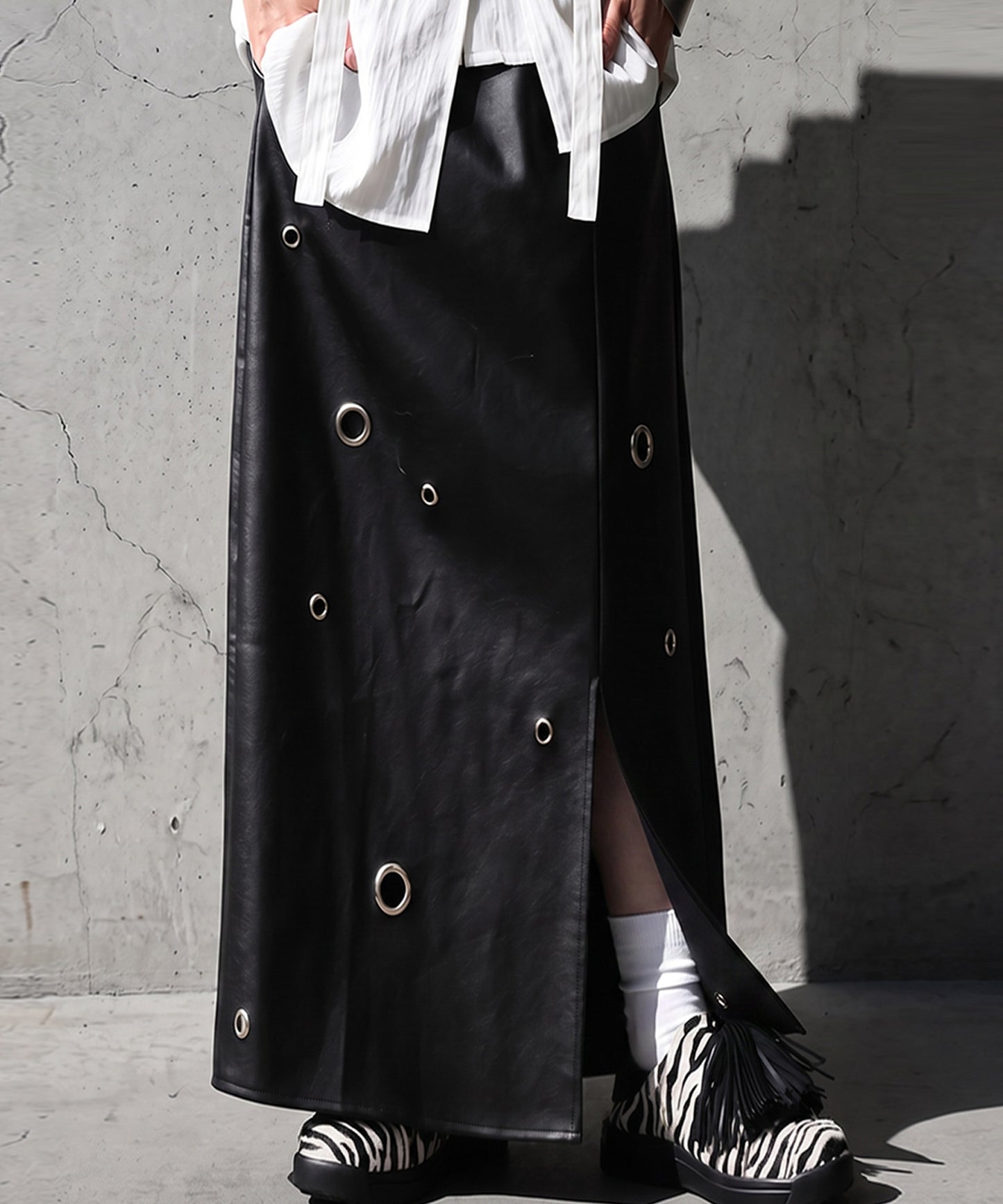 Eyelet Design Faux Leather Skirt Ladies