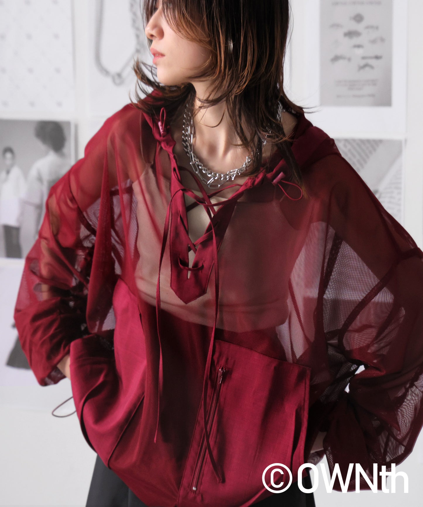 Gathered Sleeve Mesh Pullover Ladies