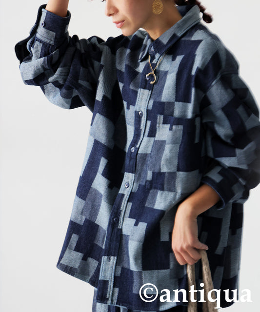 Geometric Pattern Denim Shirt Ladies