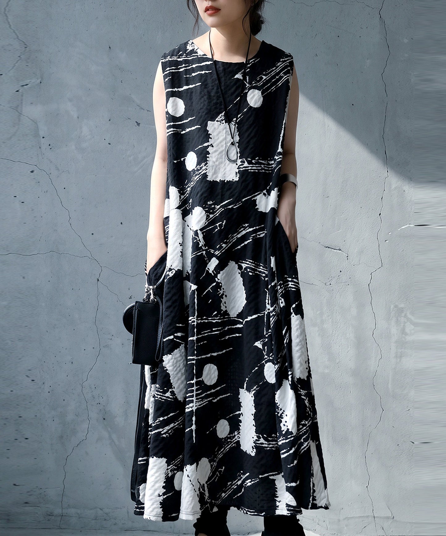 Flared Seersucker Art Print Dress Ladies