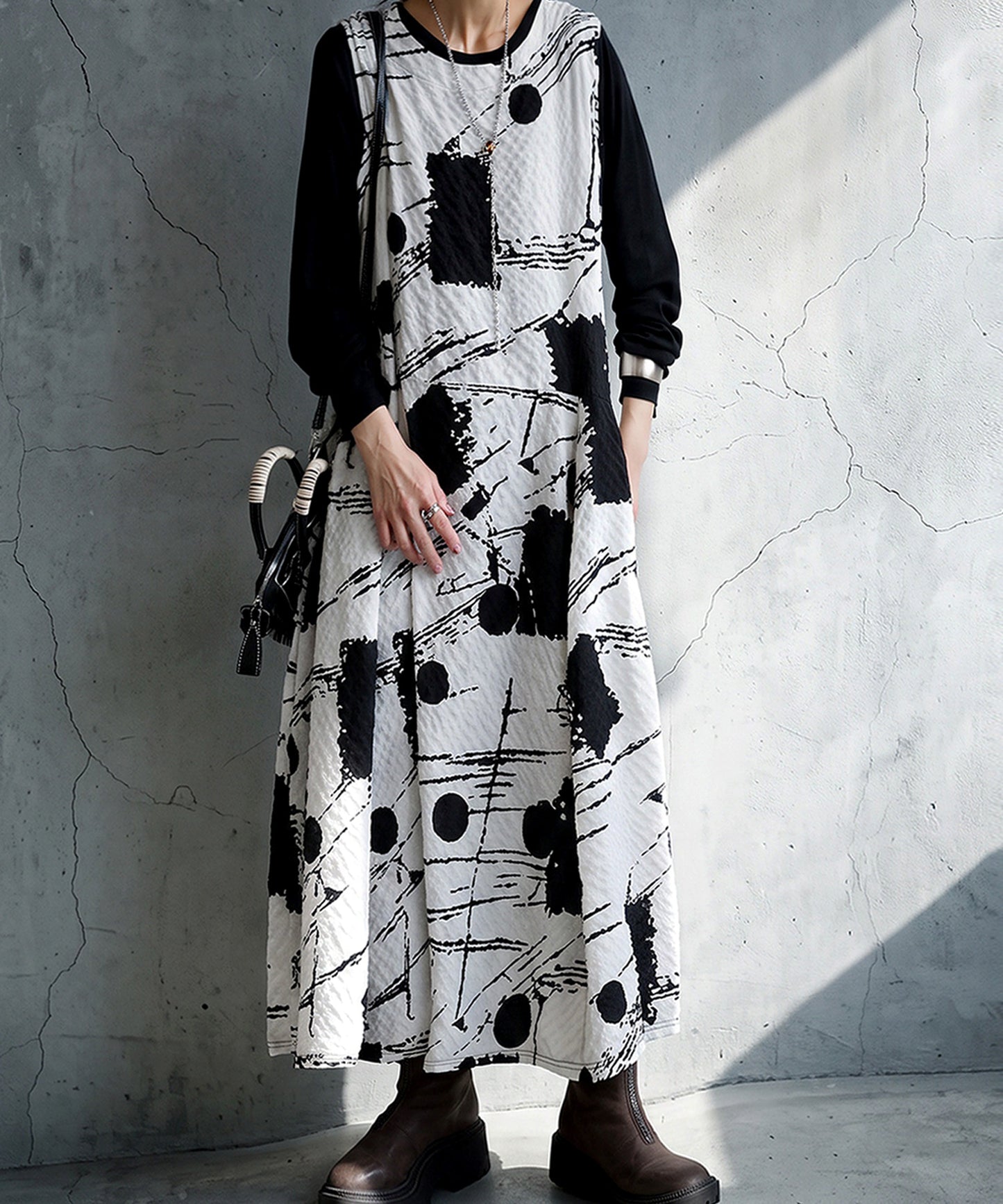 Flared Seersucker Art Print Dress Ladies