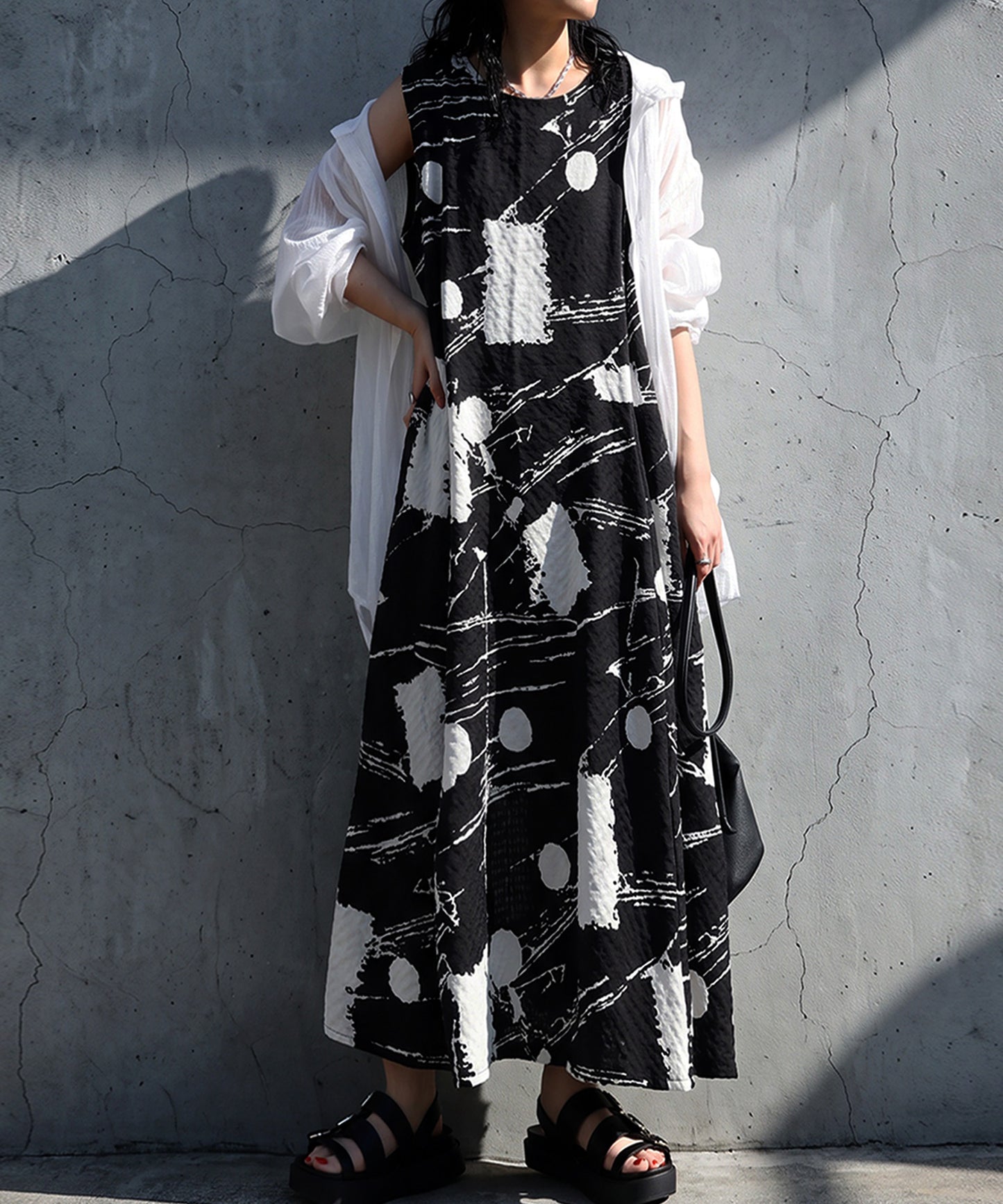Flared Seersucker Art Print Dress Ladies