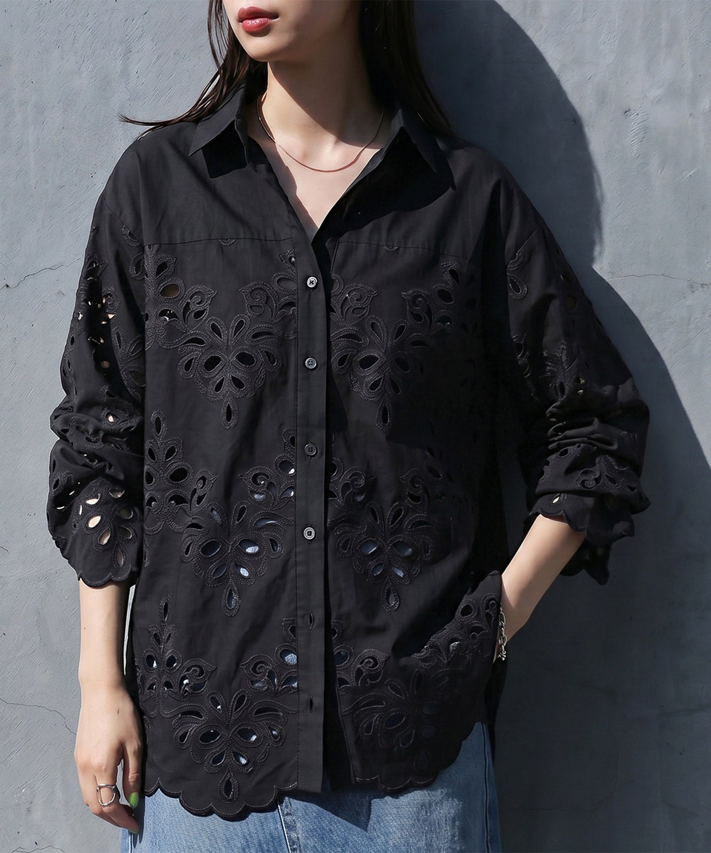 Lace Embroidered Scalloped Shirt Ladies
