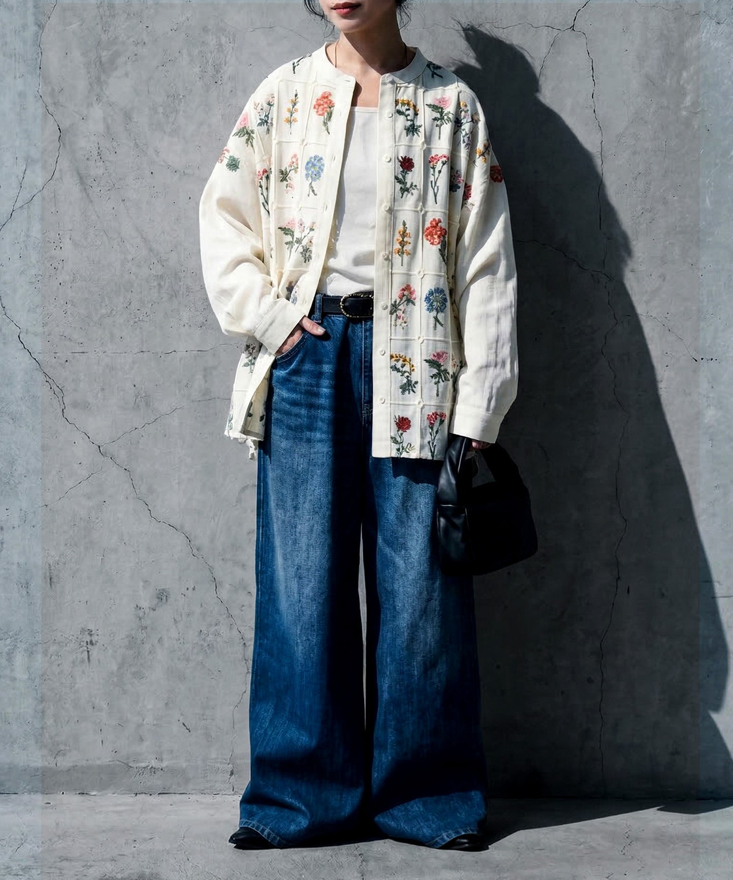 Floral Embroidered Band Collar Shirt Ladies