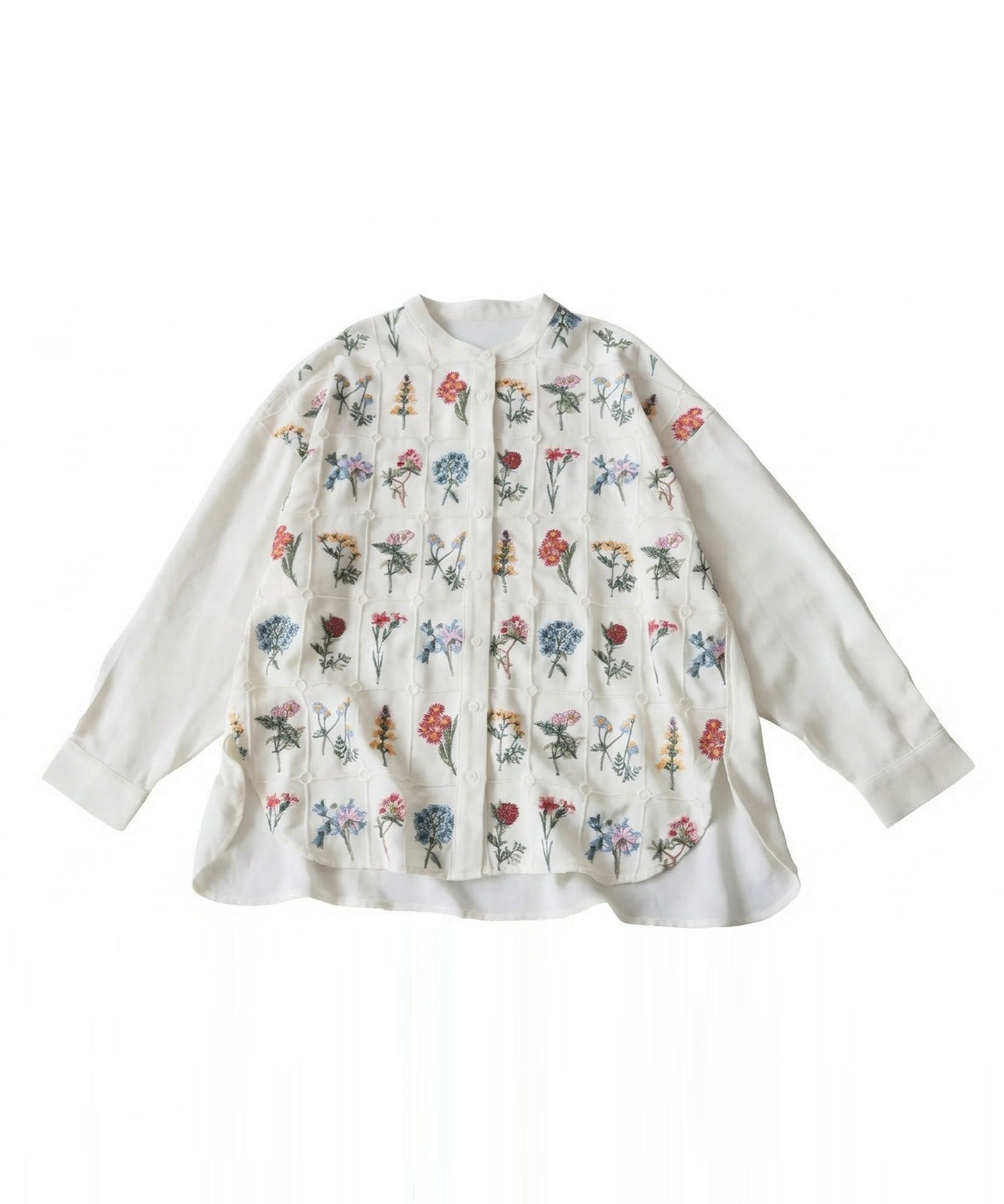 Floral Embroidered Band Collar Shirt Ladies