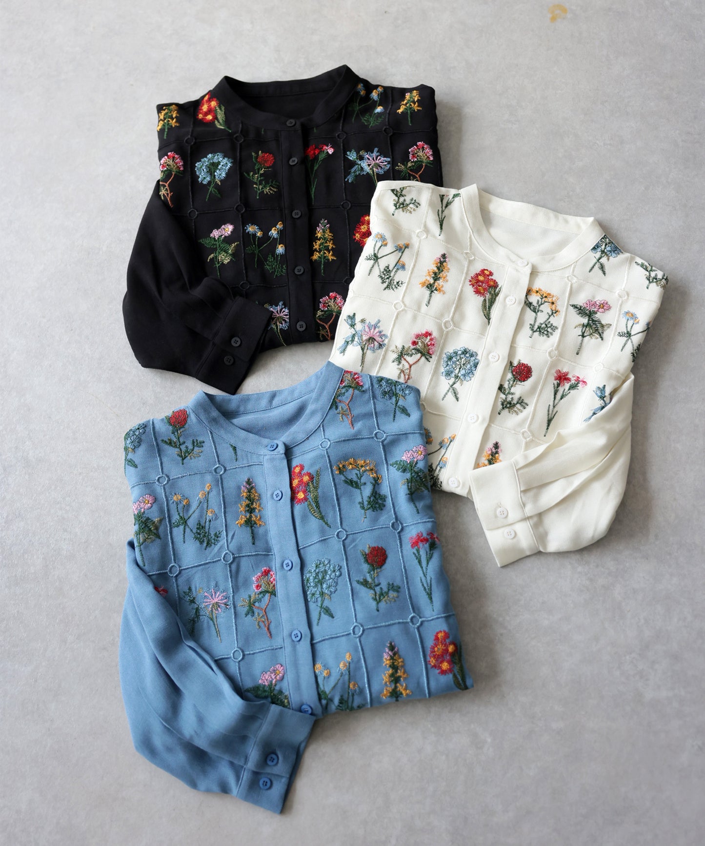 Floral Embroidered Band Collar Shirt Ladies