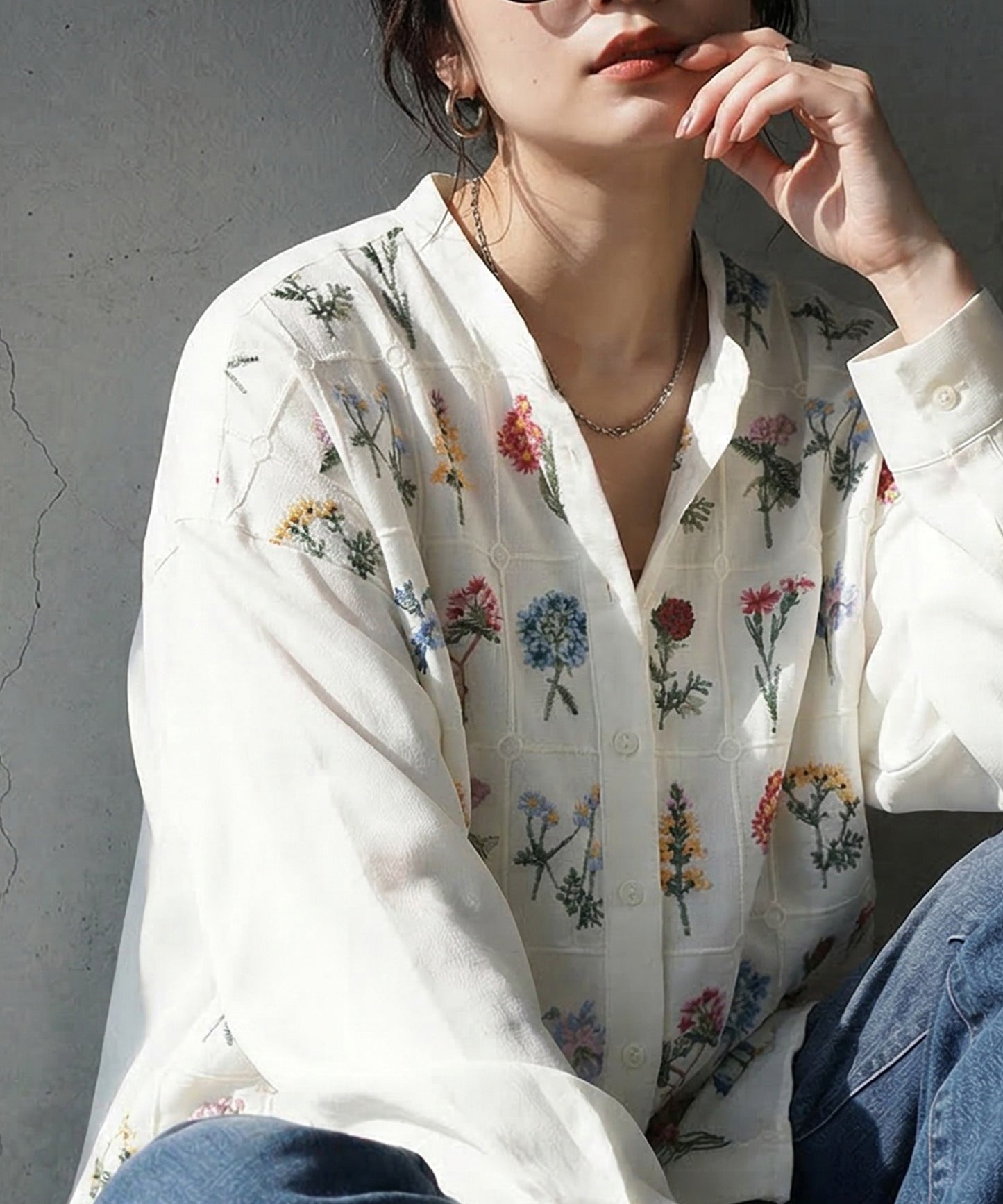 Floral Embroidered Band Collar Shirt Ladies