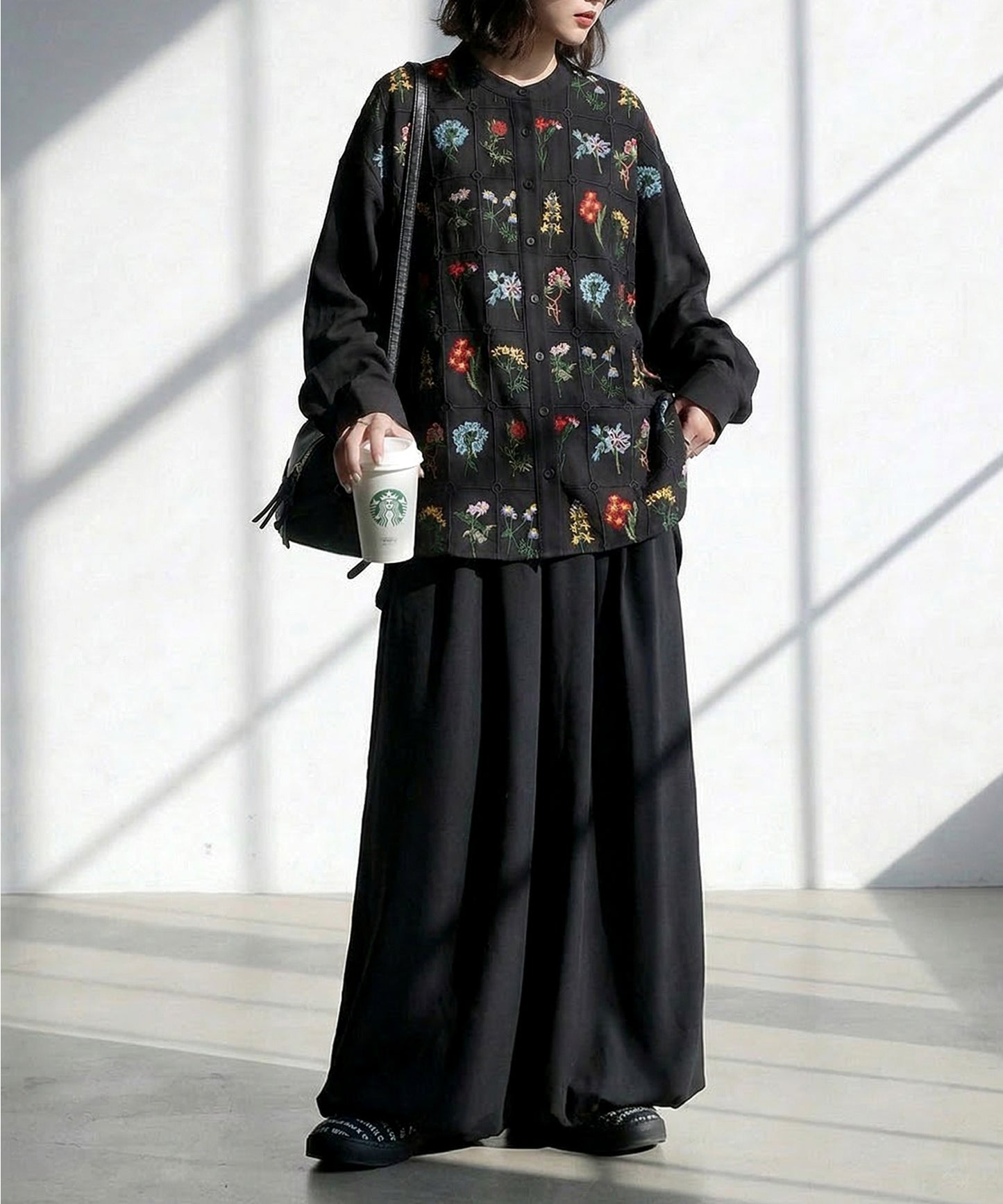 Floral Embroidered Band Collar Shirt Ladies