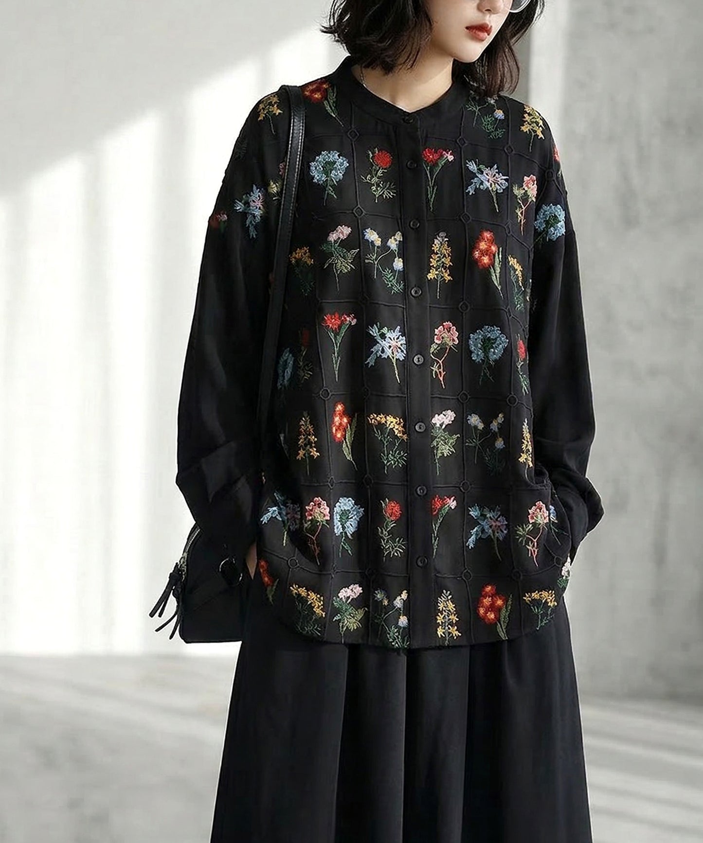 Floral Embroidered Band Collar Shirt Ladies