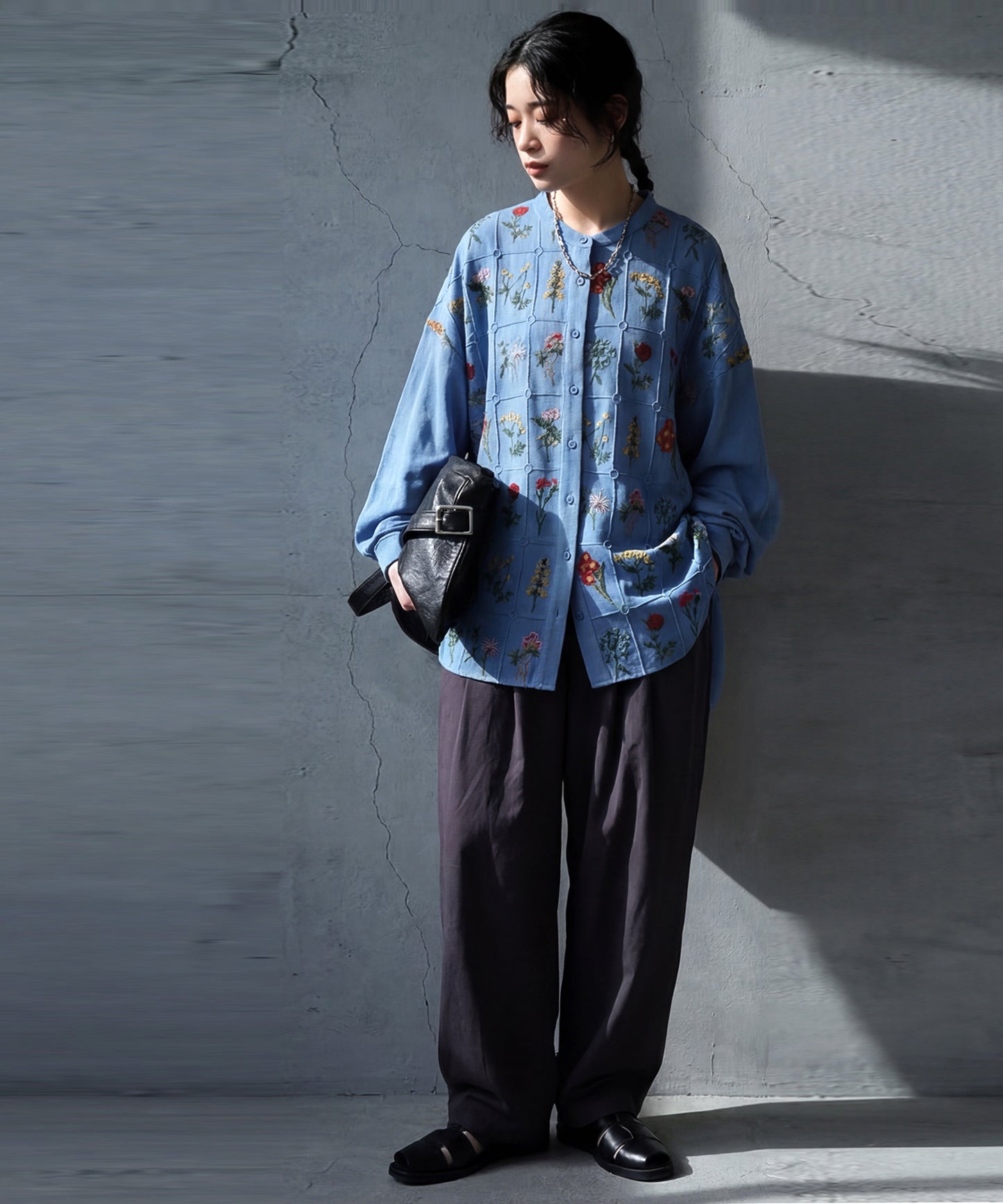 Floral Embroidered Band Collar Shirt Ladies