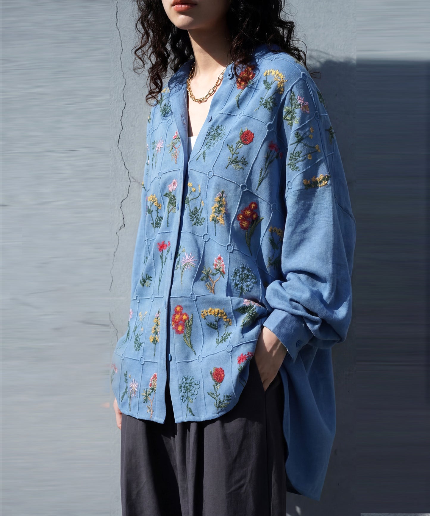 Floral Embroidered Band Collar Shirt Ladies