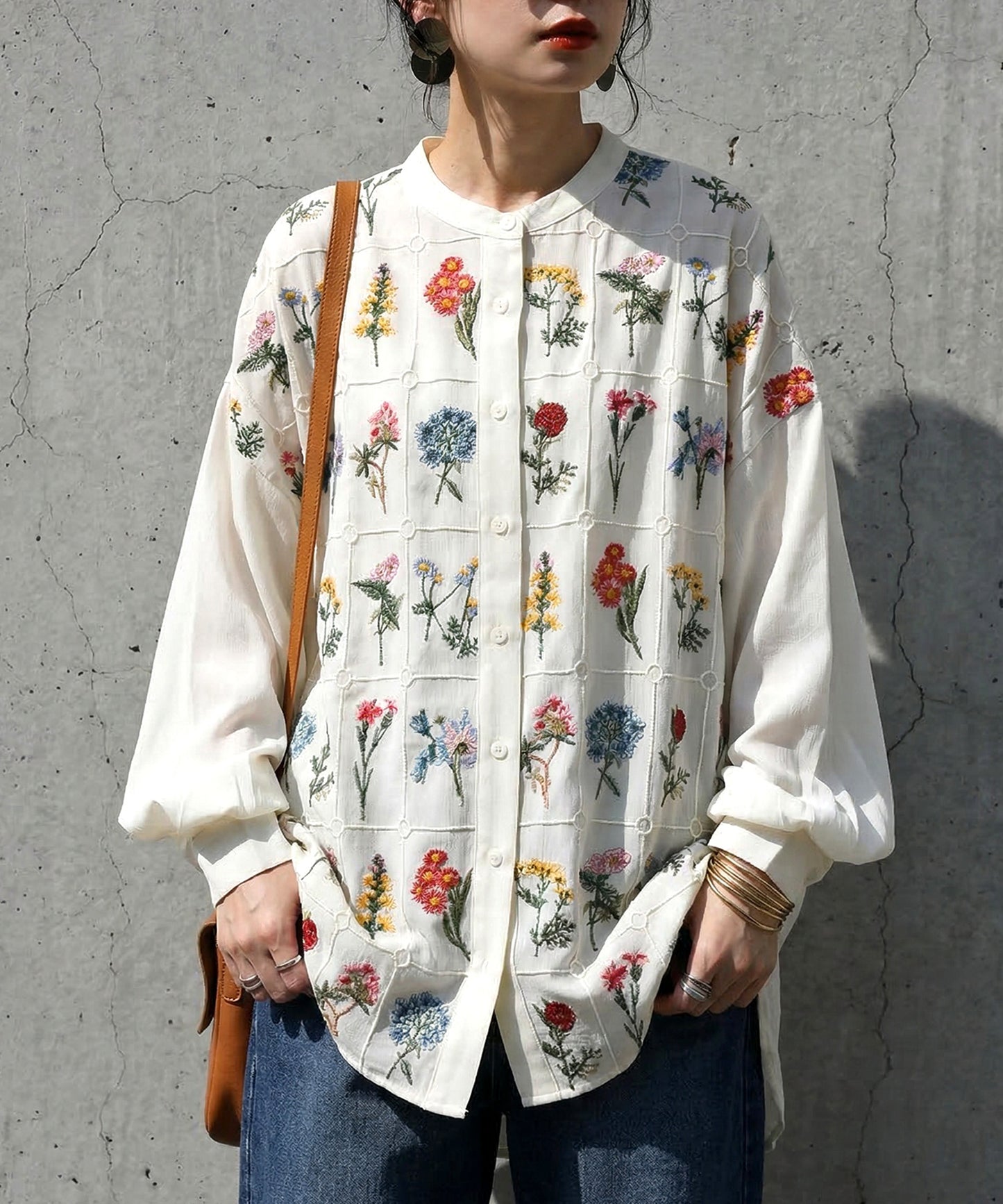 Floral Embroidered Band Collar Shirt Ladies
