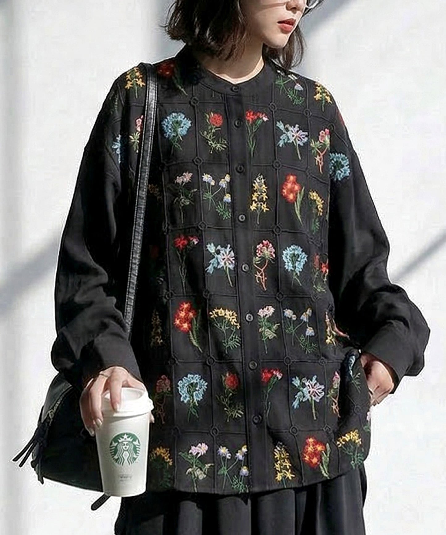 Floral Embroidered Band Collar Shirt Ladies