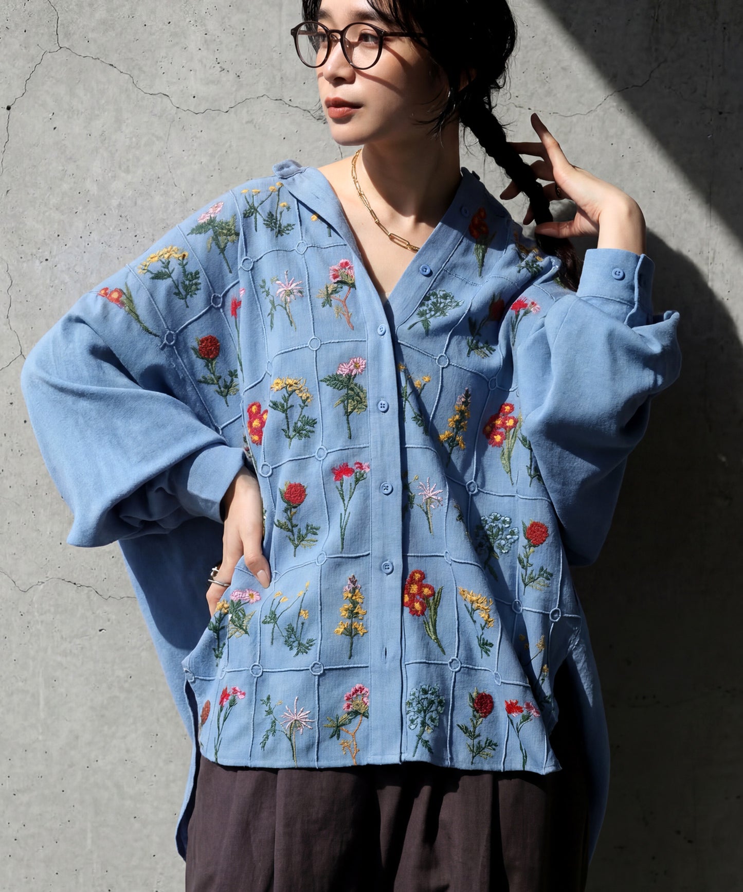 Floral Embroidered Band Collar Shirt Ladies
