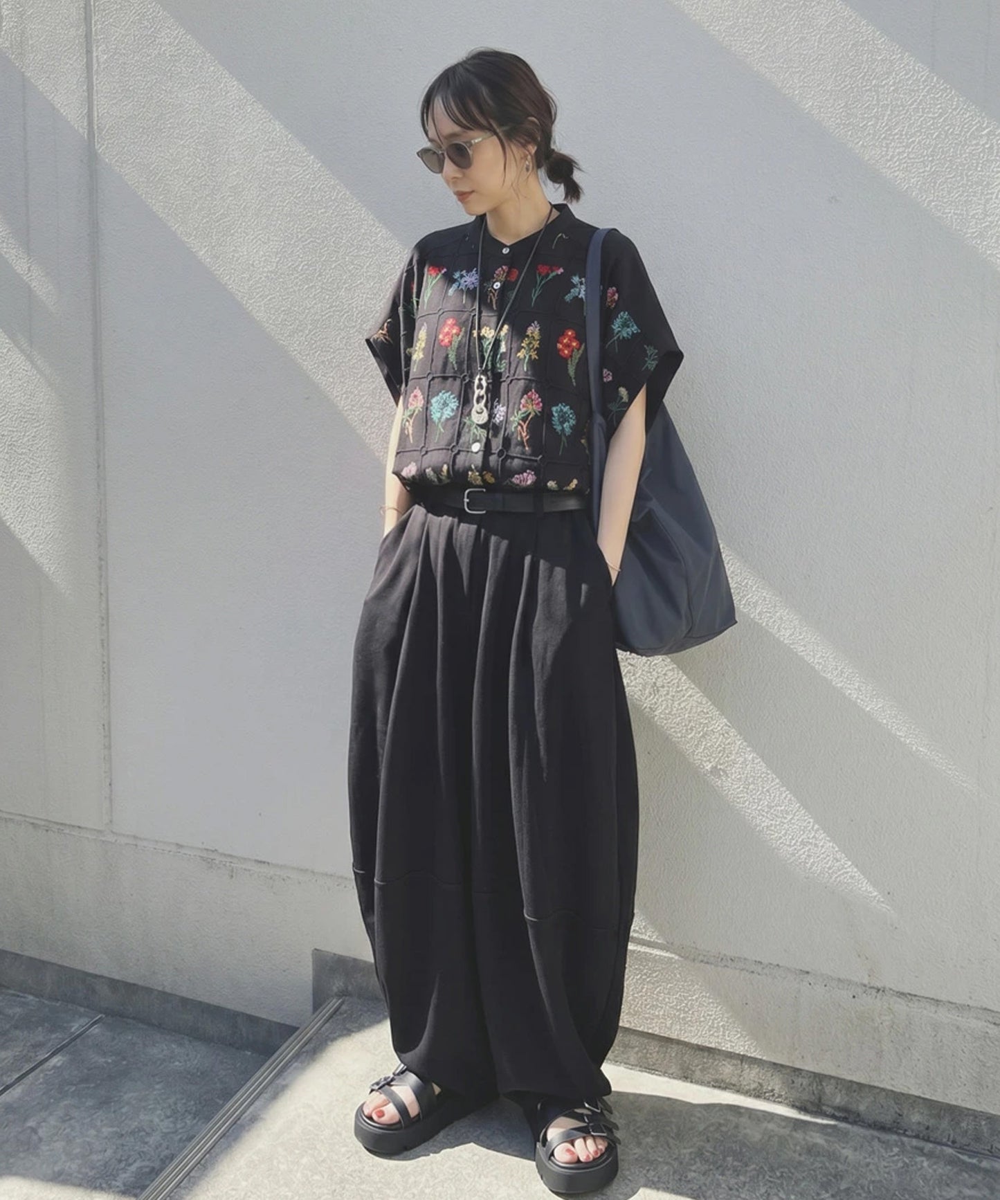 Band Collar Floral Embroidered Shirt Ladies