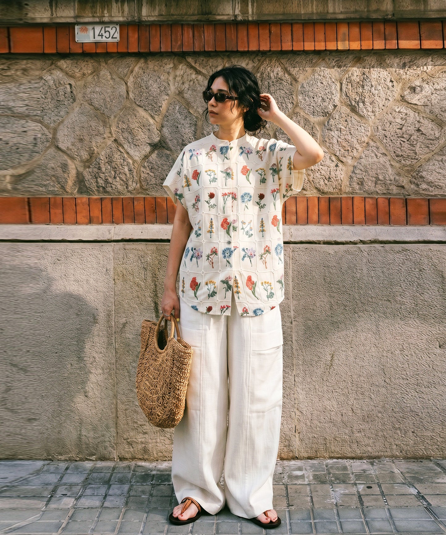 Band Collar Floral Embroidered Shirt Ladies