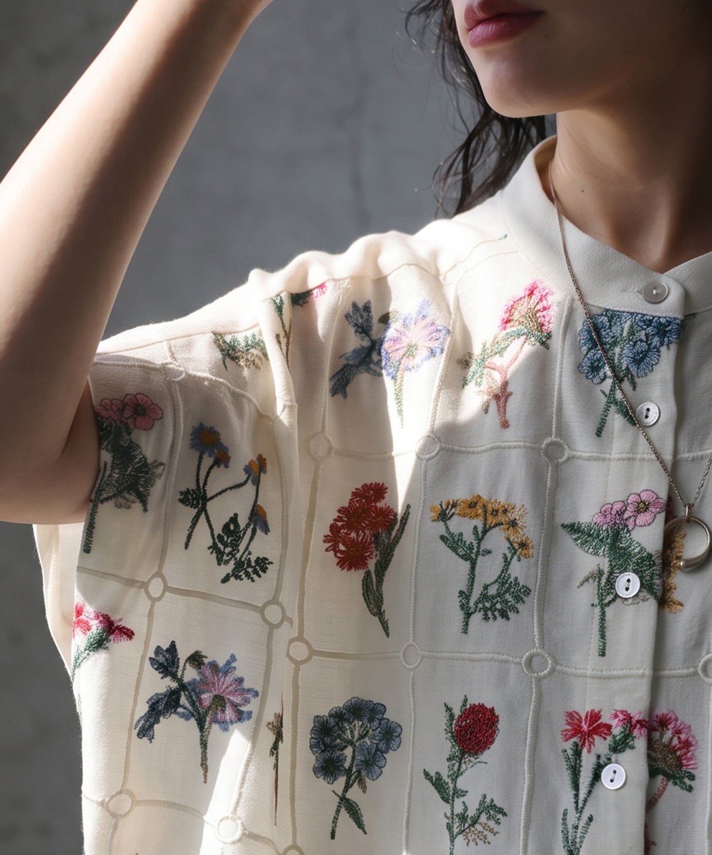 Band Collar Floral Embroidered Shirt Ladies