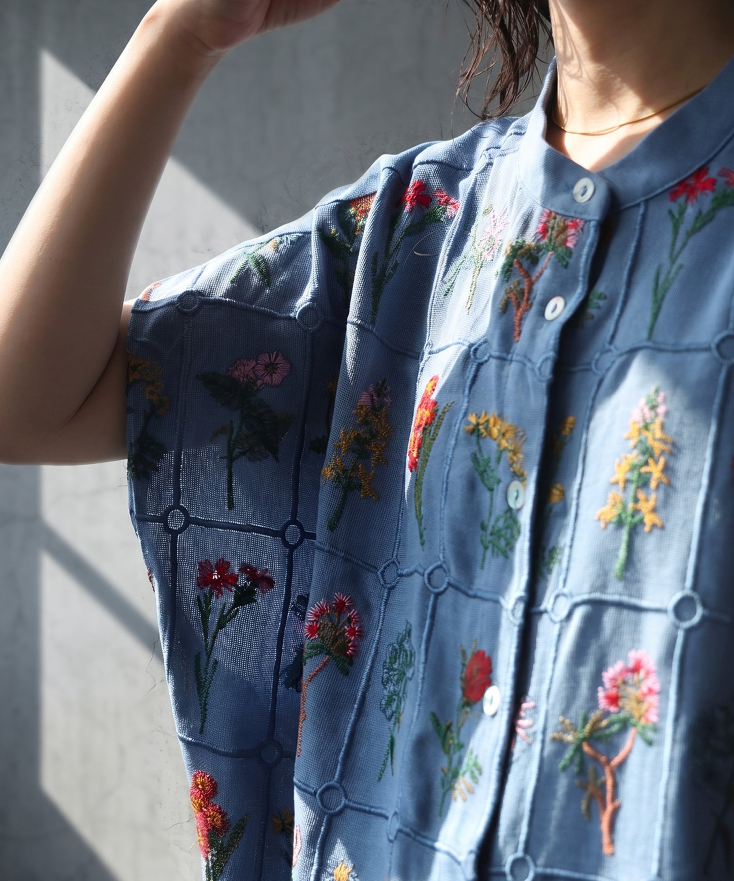 Band Collar Floral Embroidered Shirt Ladies